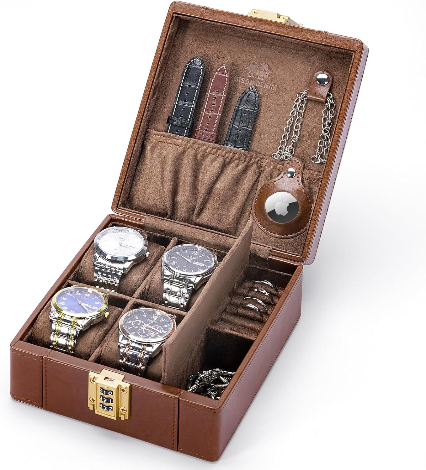 BISON DENIM Watch Box, 4 Watch Travel Case with Combination...