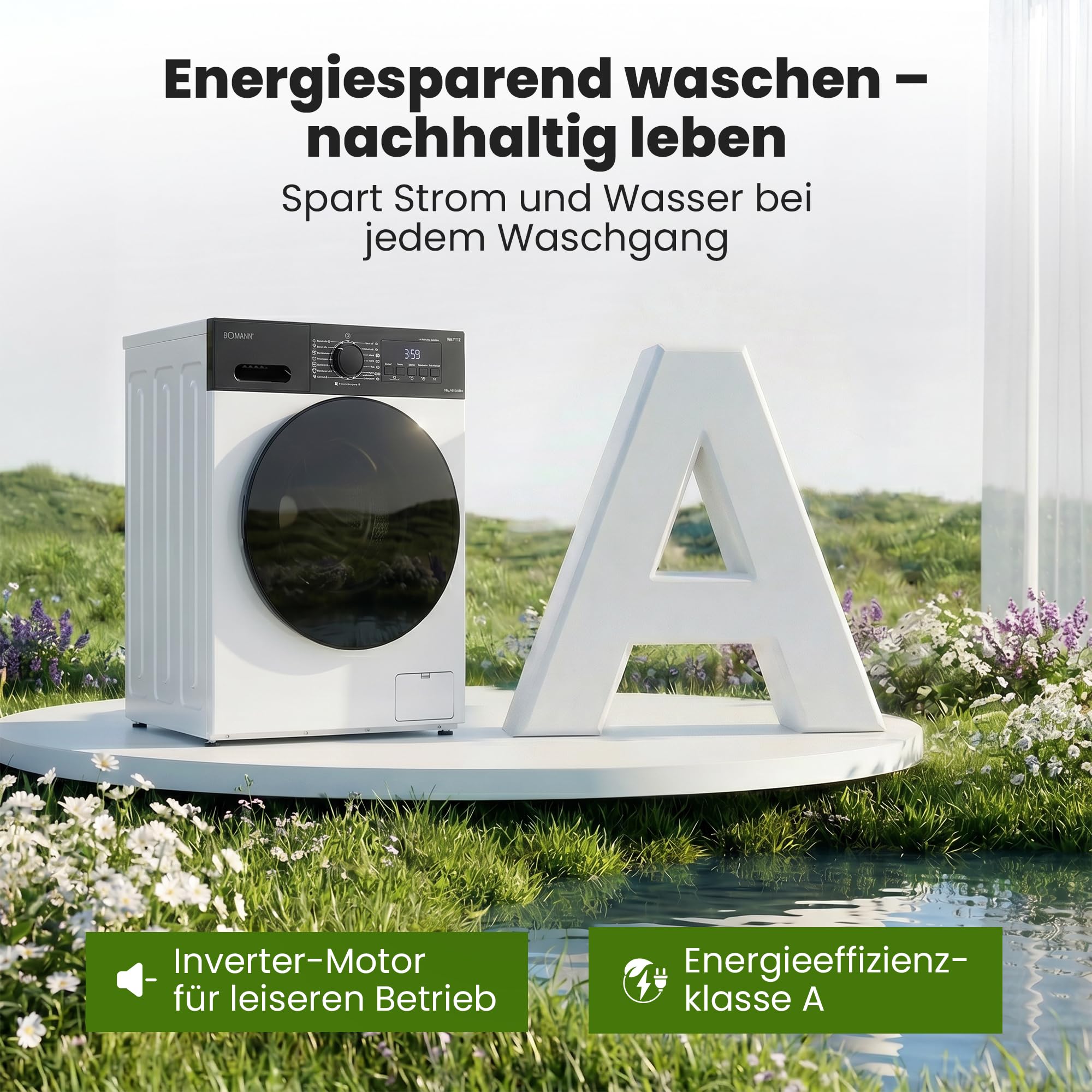 Bomann® Waschmaschine 10kg | 5 Jahre Motor-Garantie | Invertermotor - effizient, leise & langlebig | inkl. Aqua-Stop | max. 1400 U/min | 15 Programme | LED-Display | Washing Machine | WA 7112 weiß