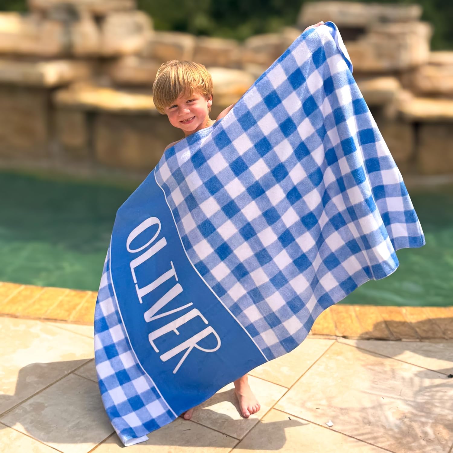 Girls Love A Monogram Personalized Pink Blue Gingham Beach Towels for Adults, Monogrammed SwimmingTowels, Custom Pink Blue Beach Towels (Gingham 24, Adult)