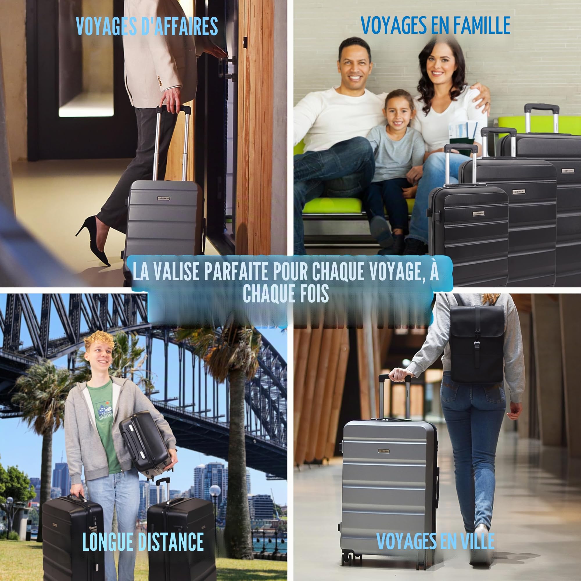 Leonardo® Set de 3 Valises avec Serrure TSA | Valise Cabine de Voyage | Bagage Moyenne | Grande Taille | avec 4 Roues Doubles | Hard Case | S-M-L Set | Venice | Argent