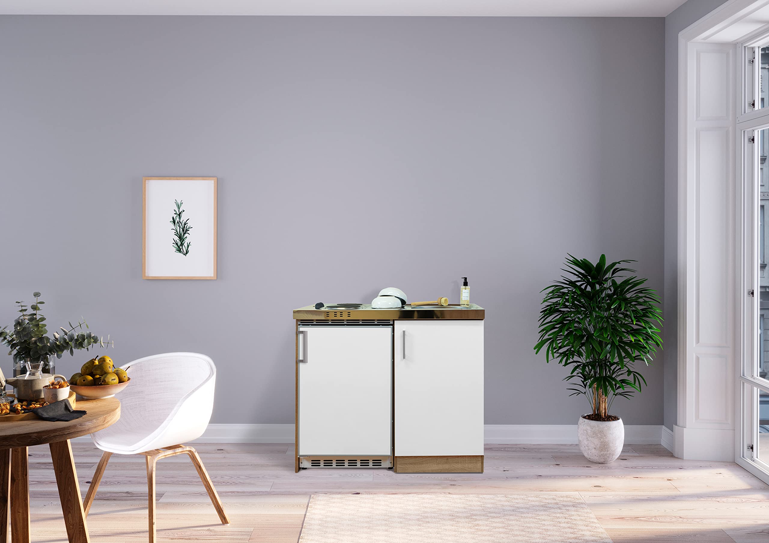 respekta Cucina mini cucina singola angolo cottura pantry rovere bianco Levin 100 cm