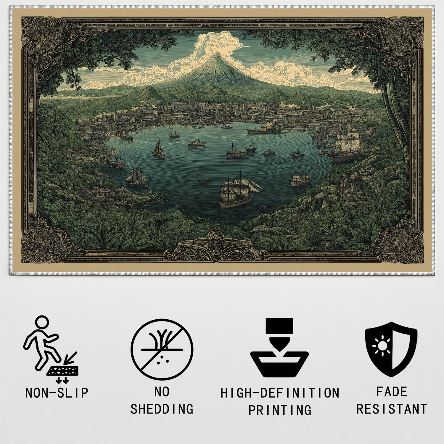 Genérico Alfombras Estampadas 120 x 180 cm, Océano Vintage Alfombra Antideslizantes Puerto Barco montaña Clásico nostálgico, Alfombras Lavables Despacho salón, Verde Oscuro