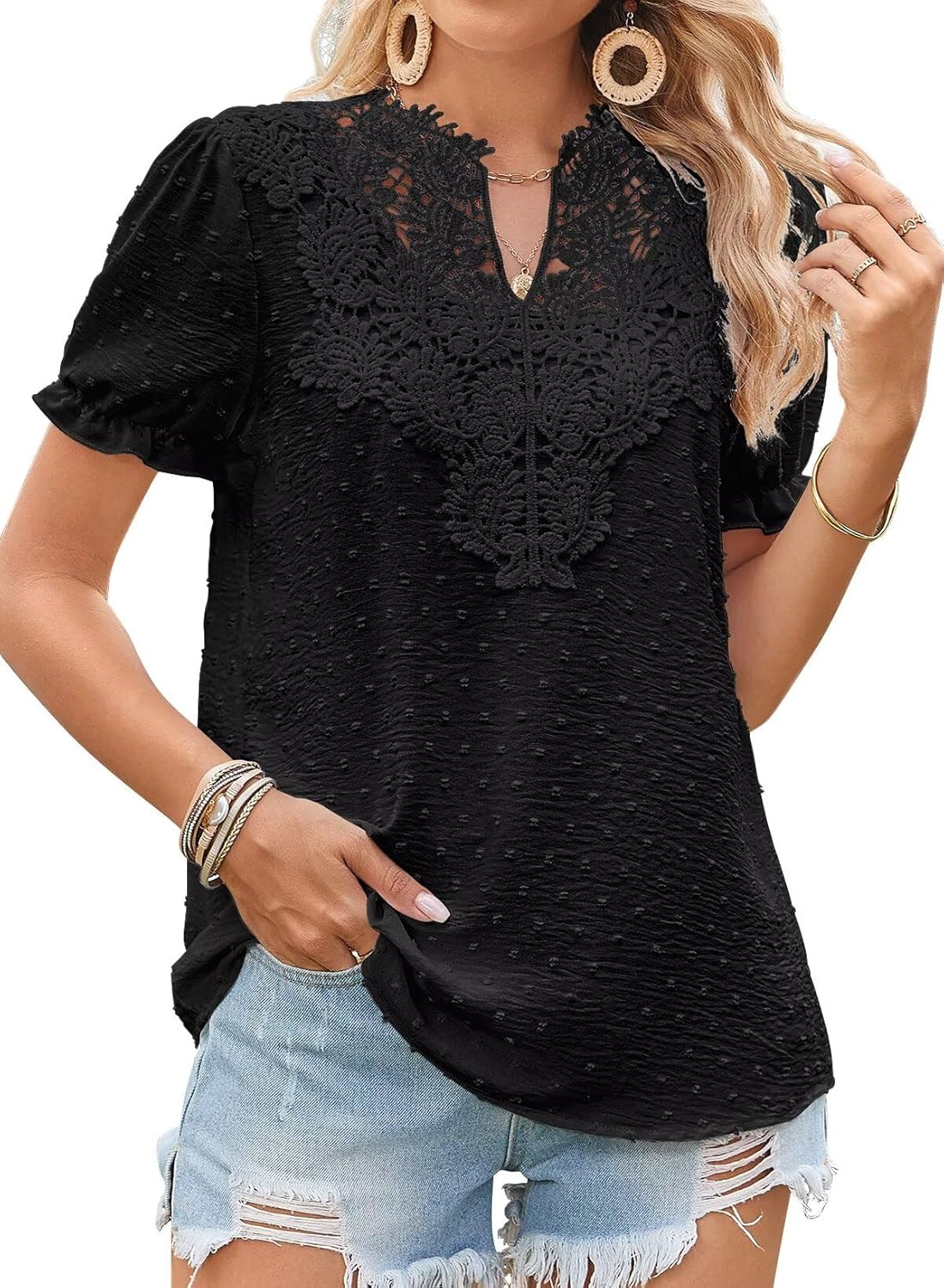 Womens Summer Tops Boho Short Sleeve Shirts V Neck Casual Chiffon Blouses Flowy Lace Hem Spring Clothing Trendy 2025