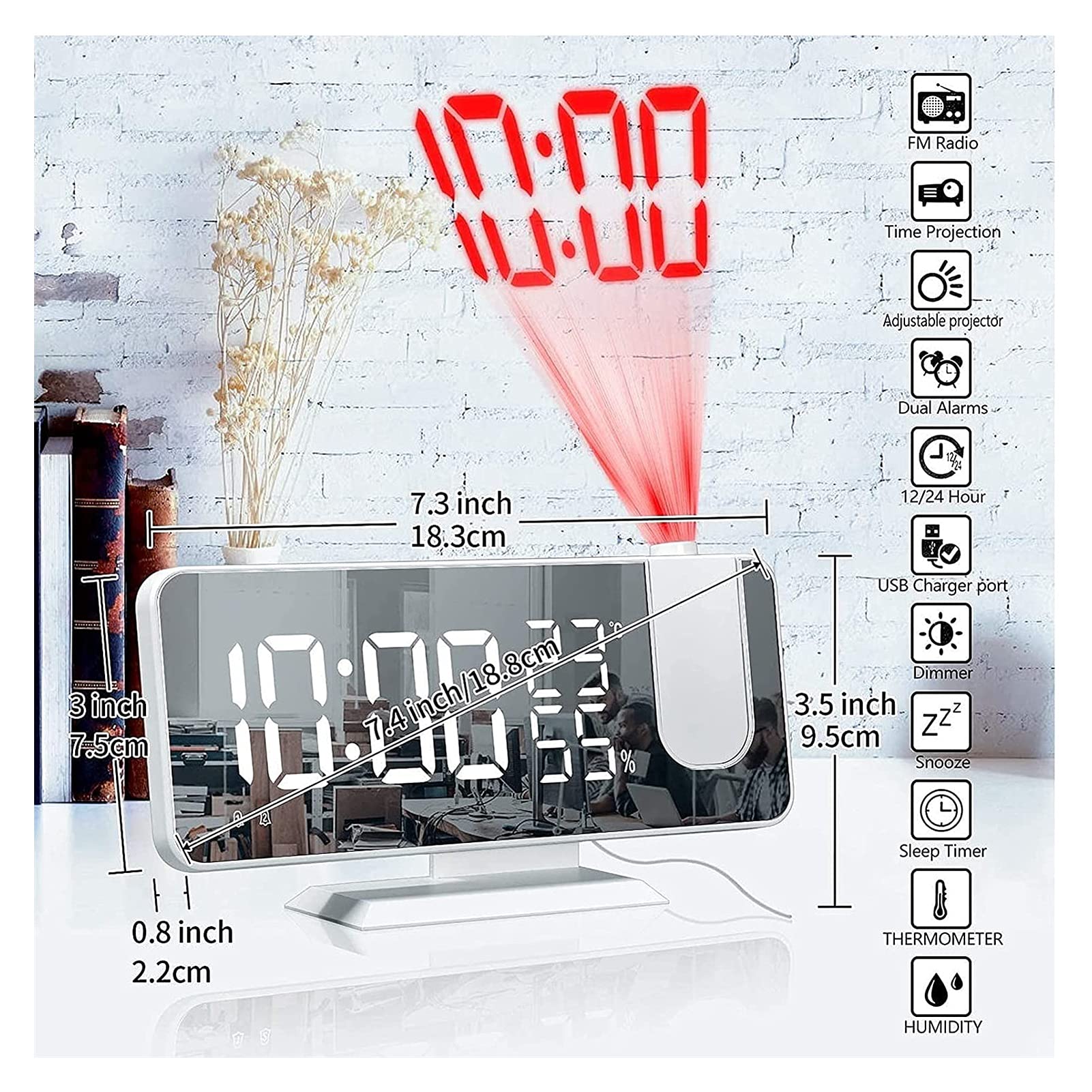 WTL Despertador Reloj de alarma digital de proyección con FM Radio, 7.3 DIRIGIÓ Pantalla de espejo GRAND DIGIT, 180 ° Proyector Modern Mirror Superficie Reloj de alarma con función Snooze / 2 sonidos