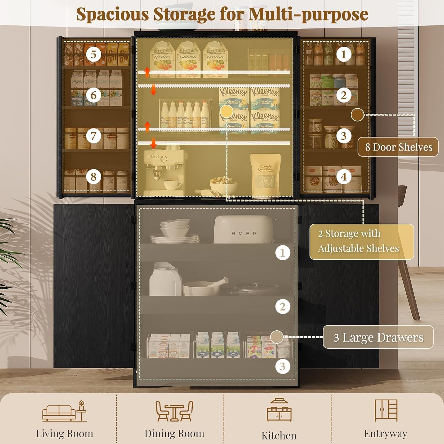 72" Kitchen Pantry Storage Cabinet, Kitchen Pantry Cabinet with Barn Door, Storage Cabinet with Drawers & Adjustable Shelves, Pantry for Kitchen, Dining Room, Black