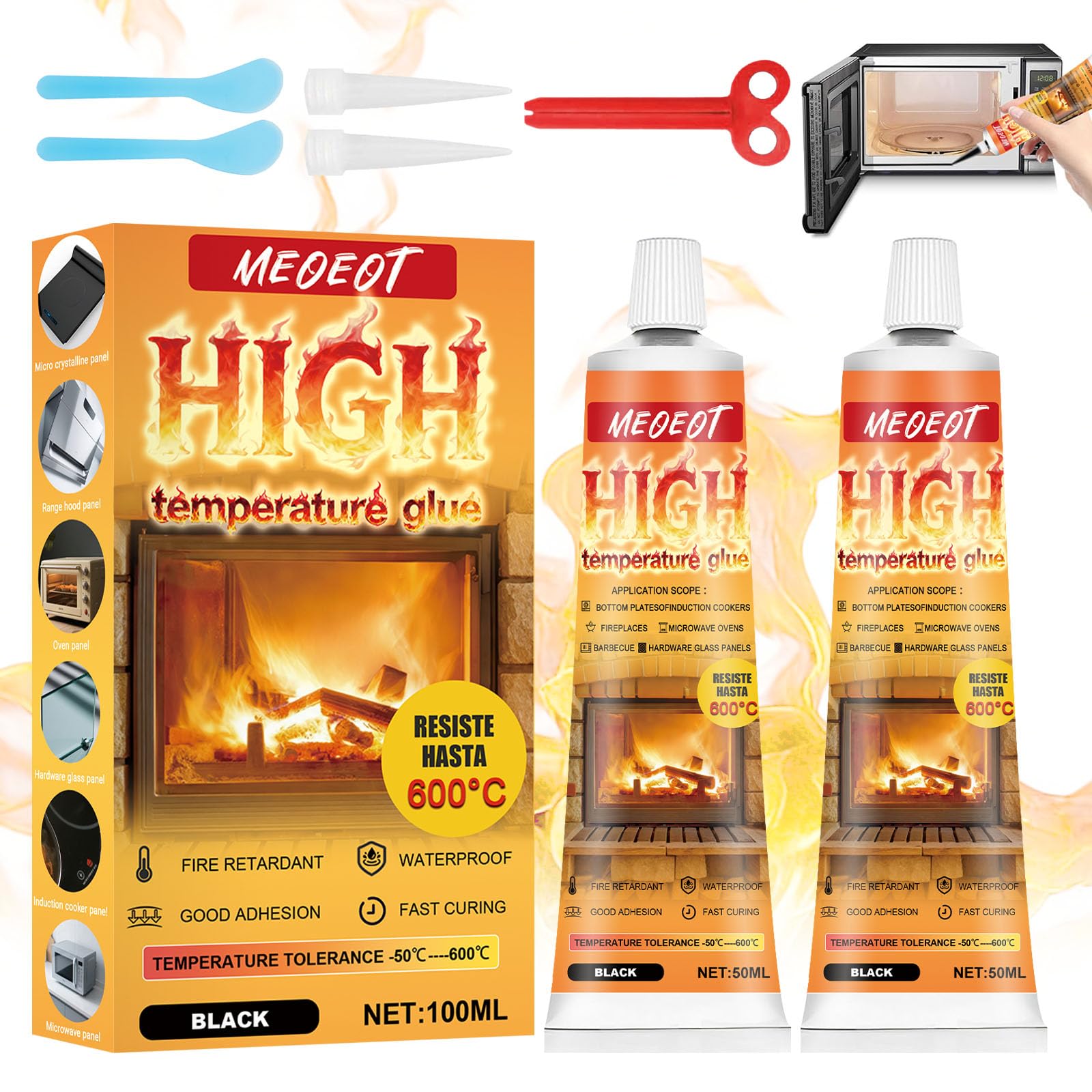 Colla Alte Temperature, 100ML Silicone Alta Temperature, Sigillante Alte Temperature, Nero Adesivo Resistente al Calore Fino a 600°C, Adatto per Sigillatura ad Alta Caminetti, Stufe, Forni
