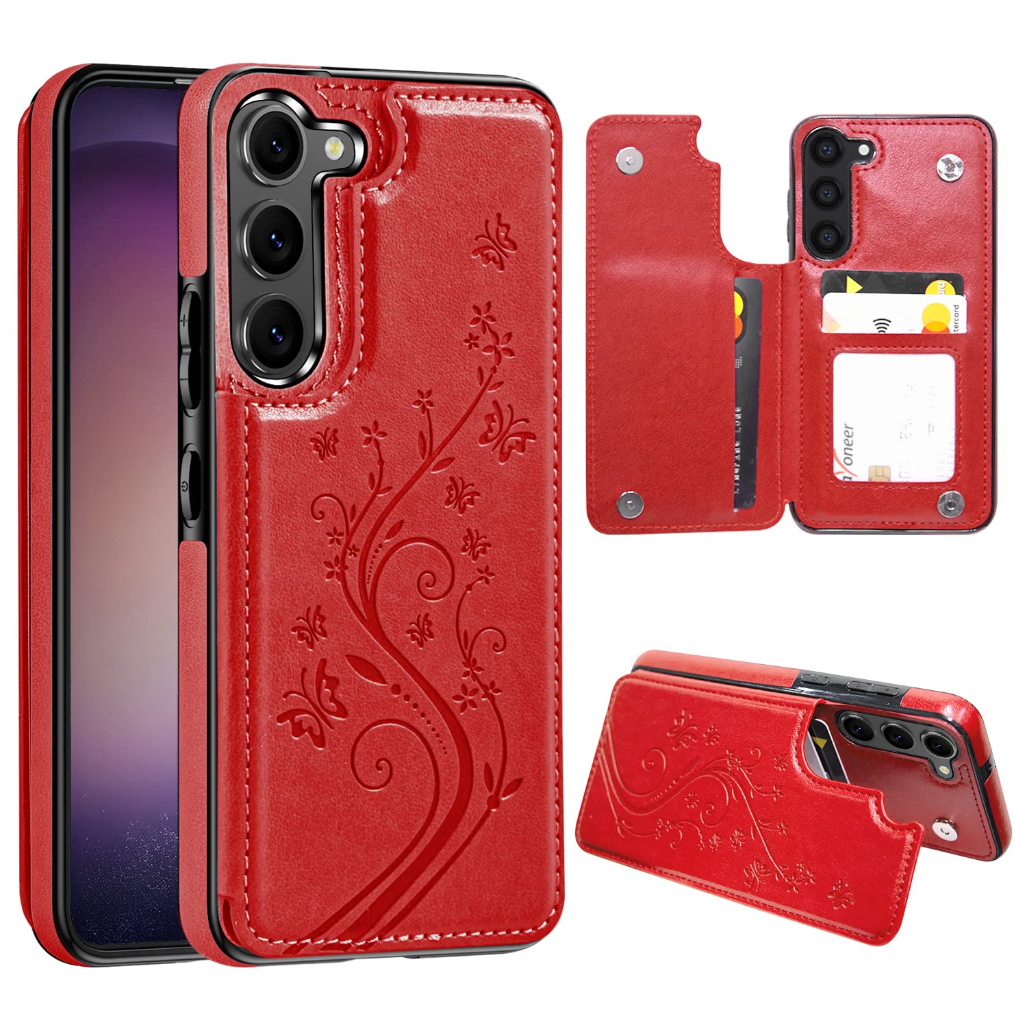 Korecase Compatible with Samsung Galaxy S24 FE Wallet Case with Credit Card Holder, PU Leather Butterfly Flower Magnetic Clasp Back Flip Cover Case