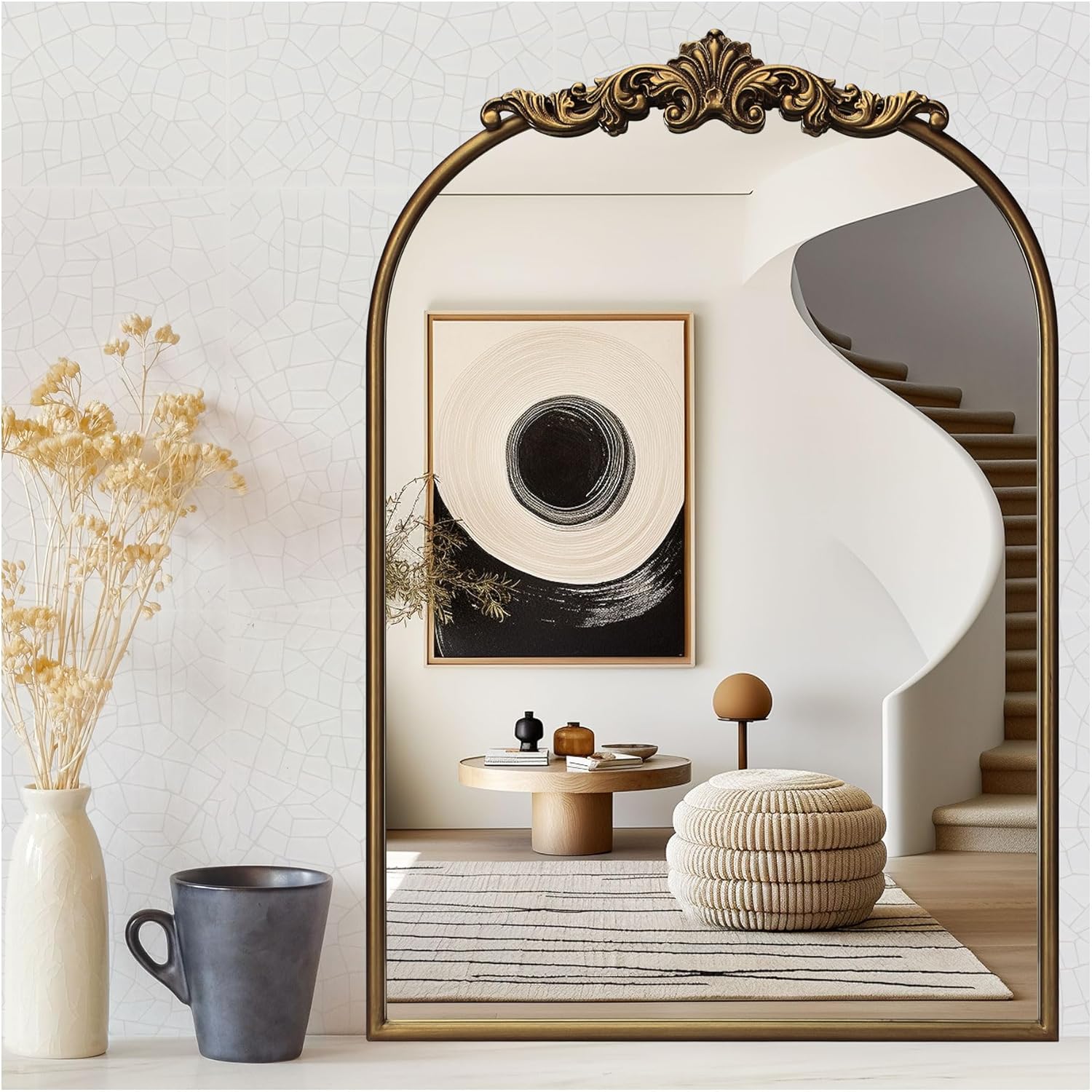 Vintage Baroque Gold Arched Mirror 24" x 36", Ornate Antique Wall Mirror with Metal Frame, Elegant Decorative for Entryway, Living Room, Bedroom, Hallway, or Bathroom Décor