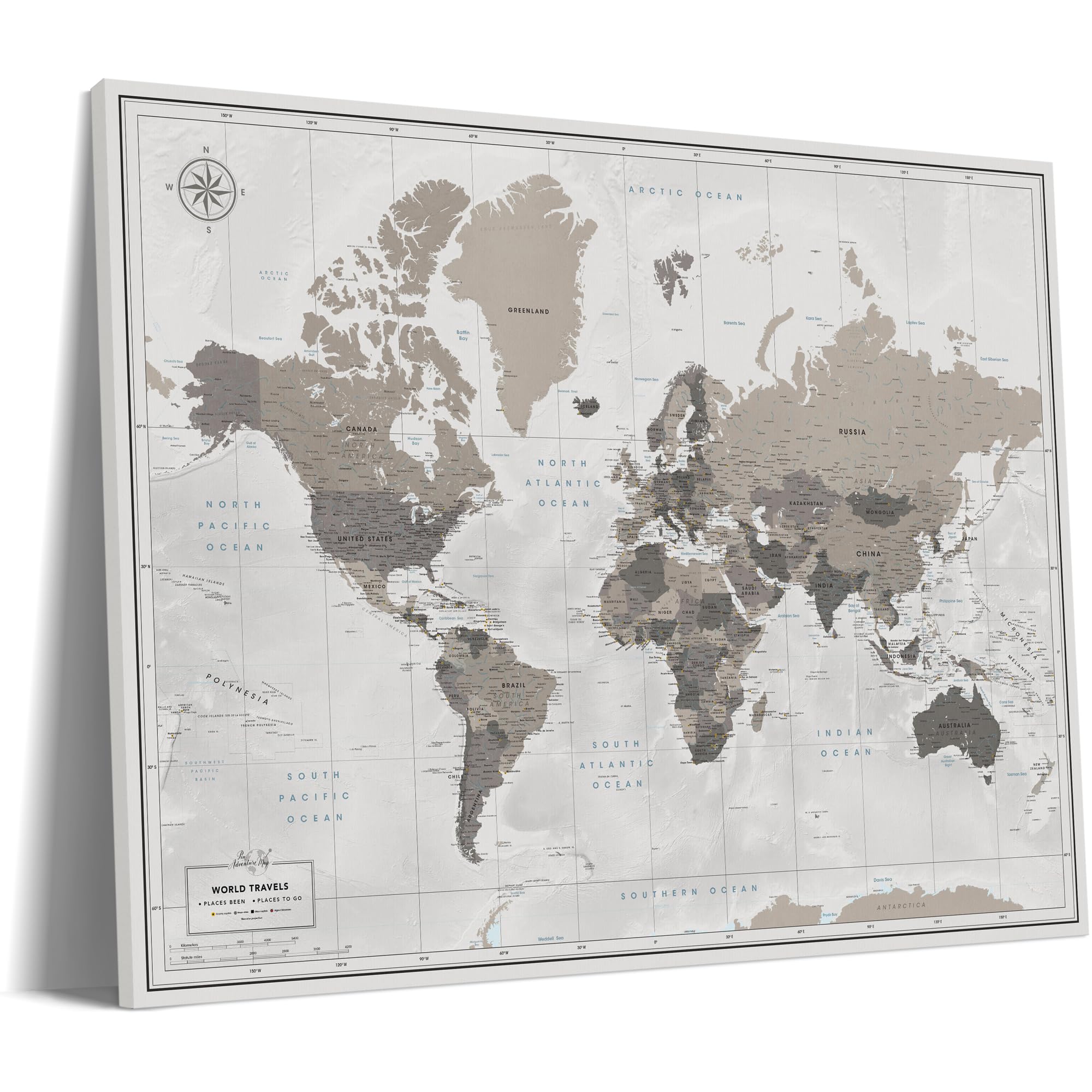 Pin Adventure map World travel map with pins on Canvas – Track Your Adventures & Plan Future Trips, World map pin board for Home, Office & Gift for Travelers (Wild Sand, 80 x 60 cm)