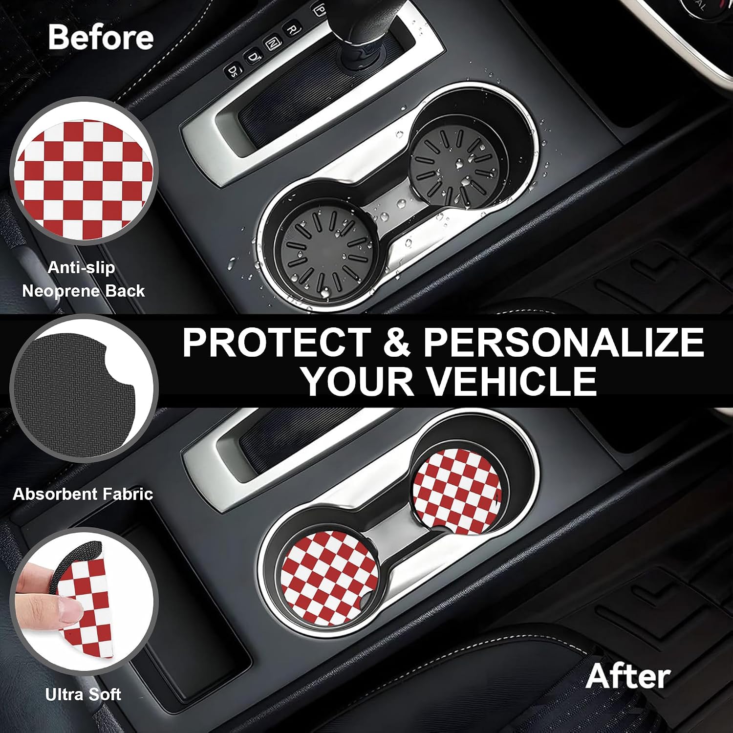 Checkered Steering Wheel Cover,Red White Checkered Universal 15" Elastic Car Steering Wheel Cover with 2 PCS Car Coasters,Anti-Slip Breathable Accessories for Auto,SUVs,Truck image 4