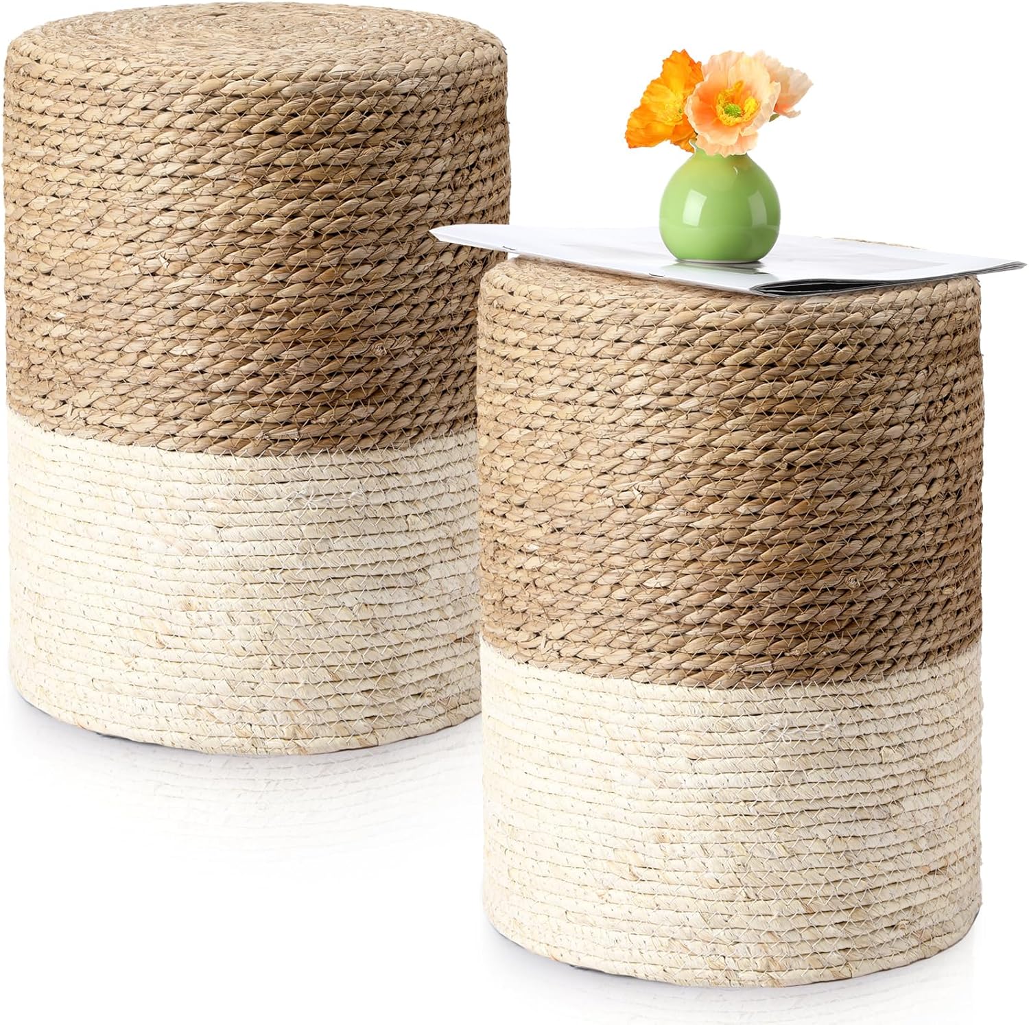 Barydat 2 Pcs 15'' Ottoman Pouf Natural Seagrass Braided Poof Hand Weaving Round Ottomans Boho Footrest Stool for Home Living Room Bedroom Patio(Natural and White)