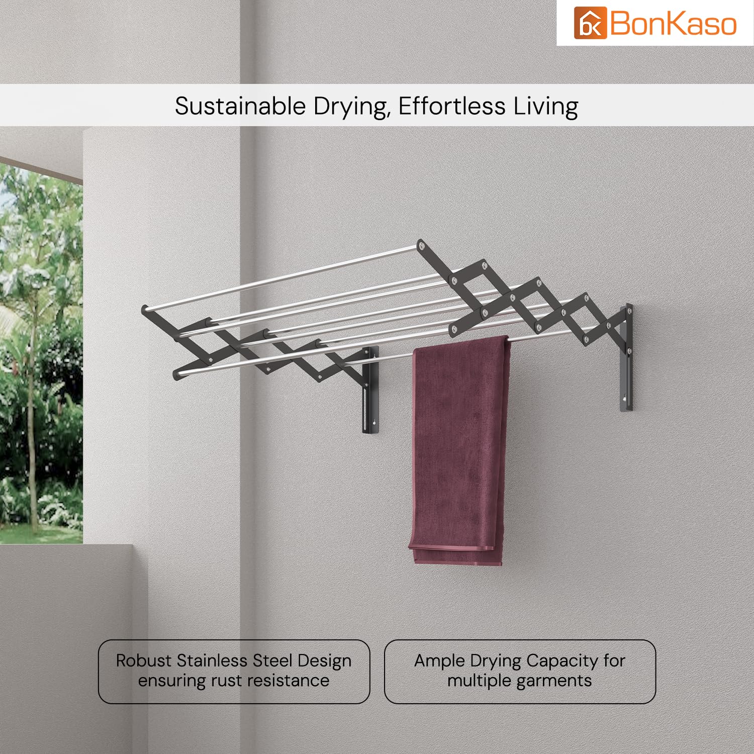 BonKaso 9 Rod Multi Foldable Clothes Drying Stand | Heavy Duty, Rust-Free, Stainless Steel, Wall Mounted Expandable Laundry Hanger (2 Feet) Rack for Balcony, Bathroom | (61D x 63W x 19H cm) 1