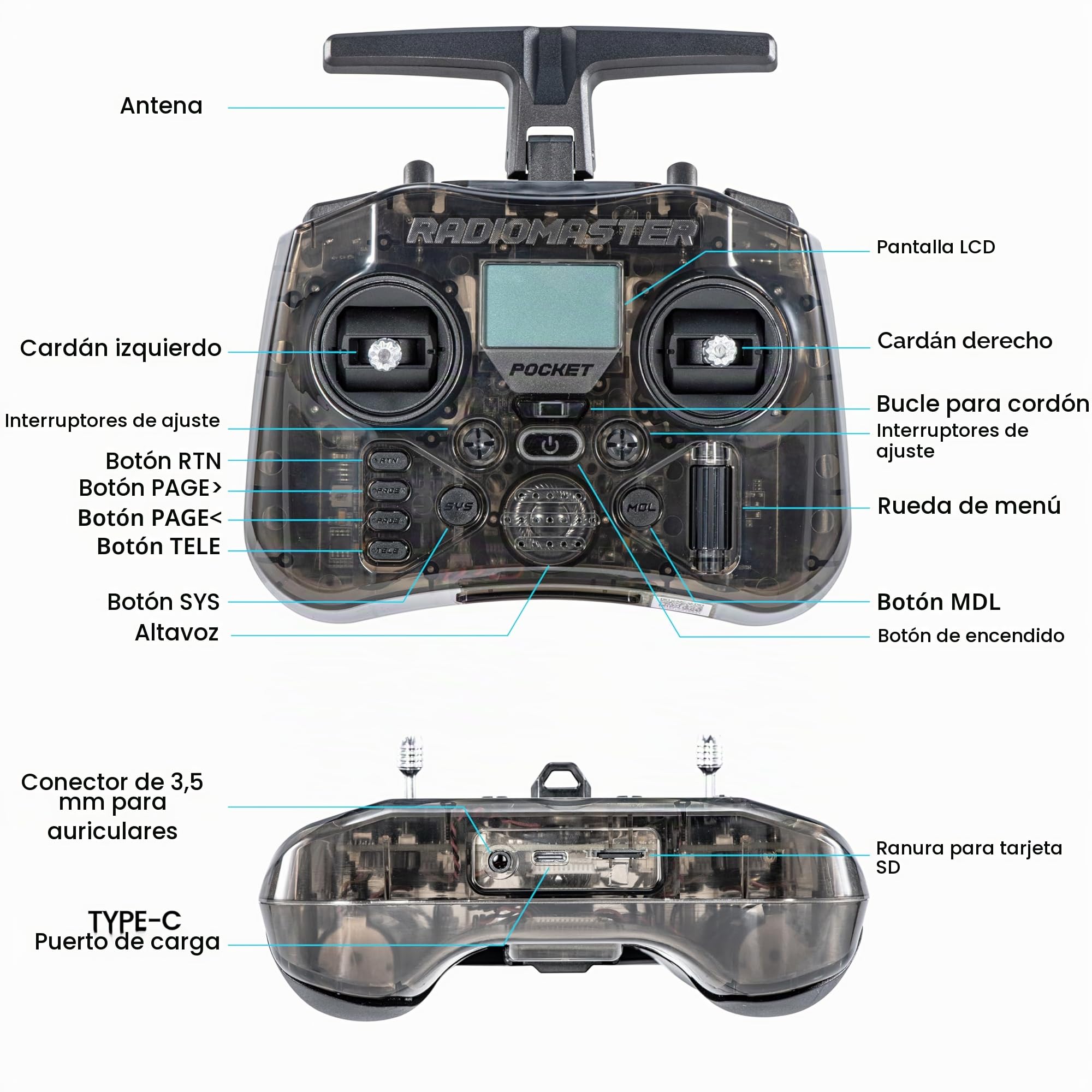 RadioMaster Pocket Controlador ELRS, Mando RC con Gimbal Hall, EdgeTX, LED, Antena Plegable para Dron FPV/Helicóptero/Barco/Multirotor (Batería No Incluida)