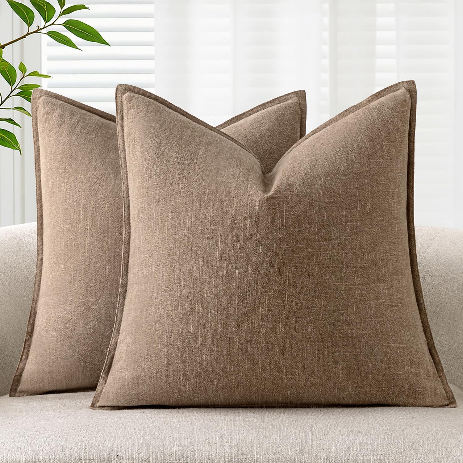 ANRODUO Pack of 2 Decorative Linen Pillow Covers Coco Brown Neutral Farmhouse Boho Soild Cushion Case Soft Accent Pillowcase for Couch Sofa Bedroom Living Room Home Decor 18 x 18 Inch Coco Brown 18" x 18" (Pack of 2)