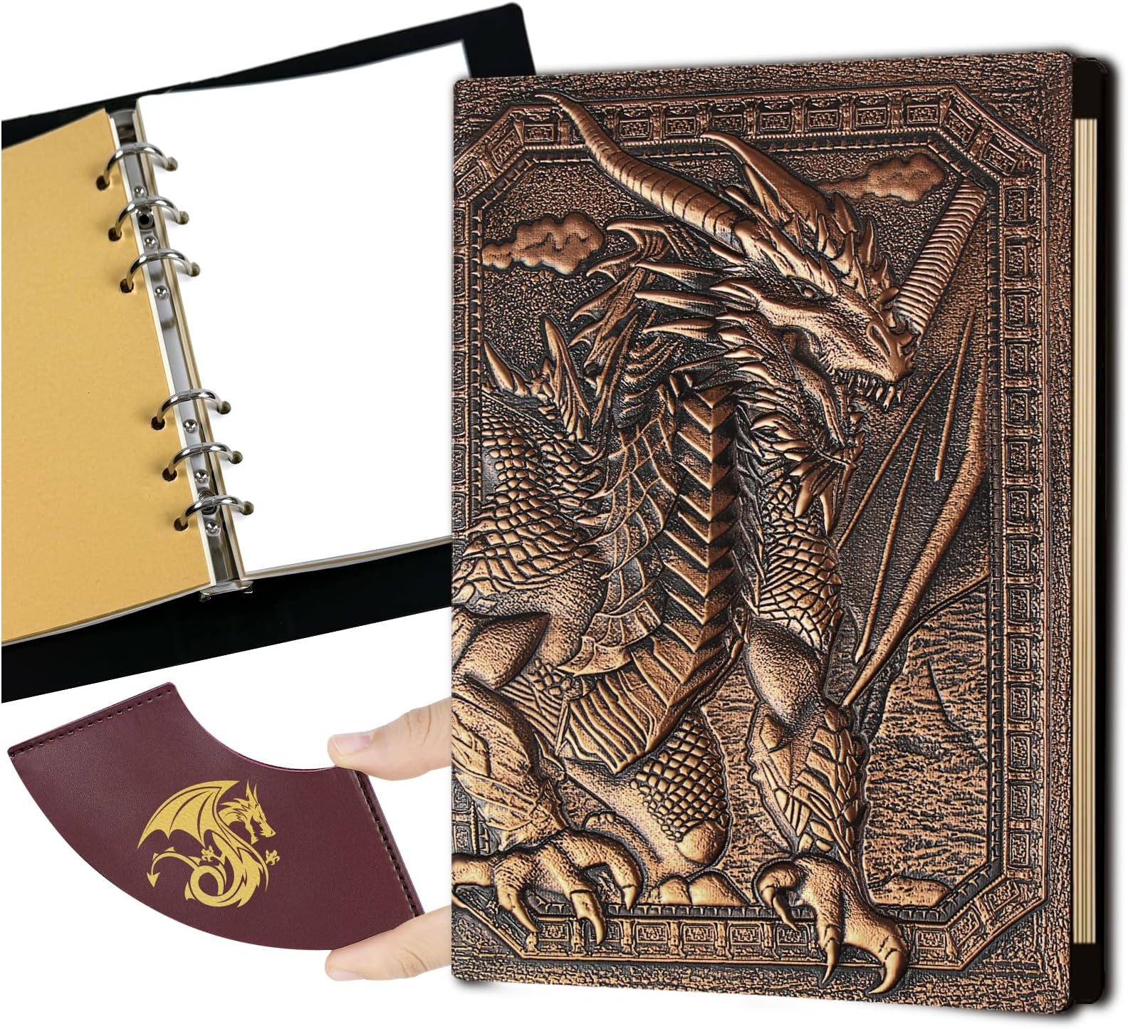 DDFE DND Dragon Journal Notebook,Unique 400 Page Book with 3D Embossed Leather Refillable 6-rings binder for Dungeons and Dragons/D&D Gifts Nerdy DM & Players RPG Lovers Accessories