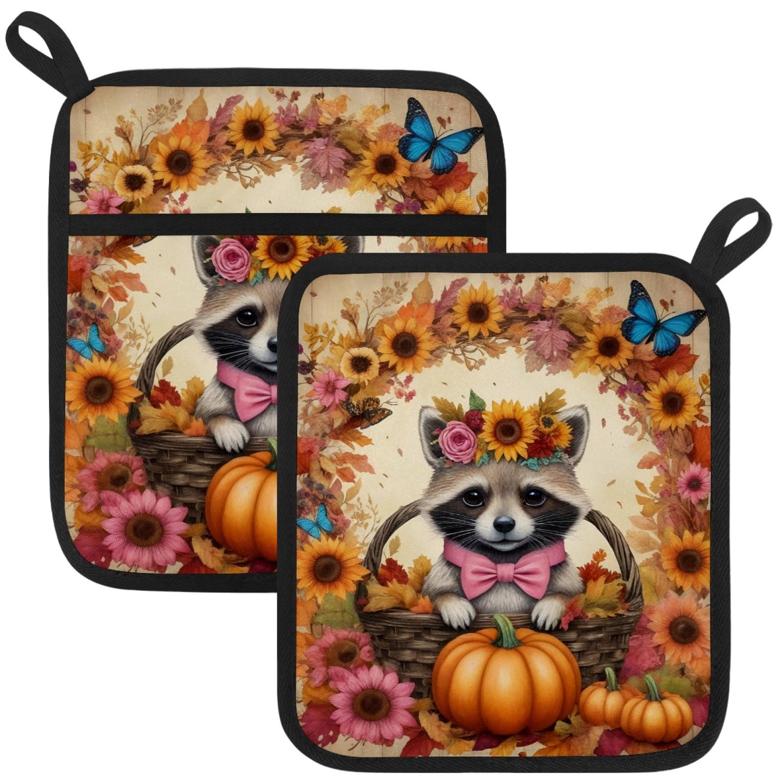 VAPOKF Raccoon Pot Holders with Pocket for Kitchen Heat Resistant Potholders Large Polyester-Cotton Square Oven Mitts Set