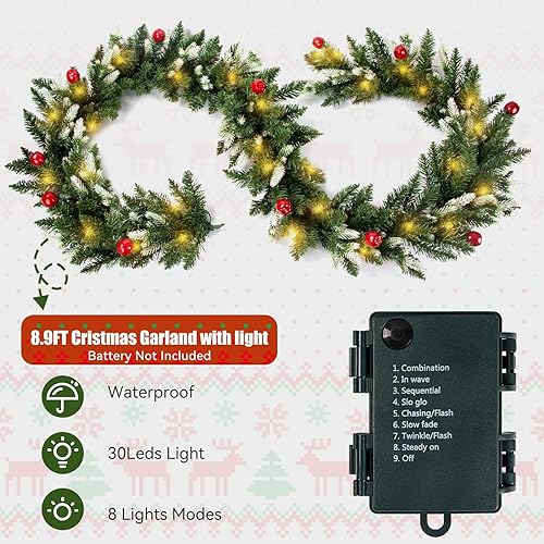 Miniatura 2 de Fohil Guirnalda de Navidad de 9 pies, 8 modos de guirnalda de Navidad artificial preiluminada con 60 luces LED, guirnalda de ratán verde con bayas