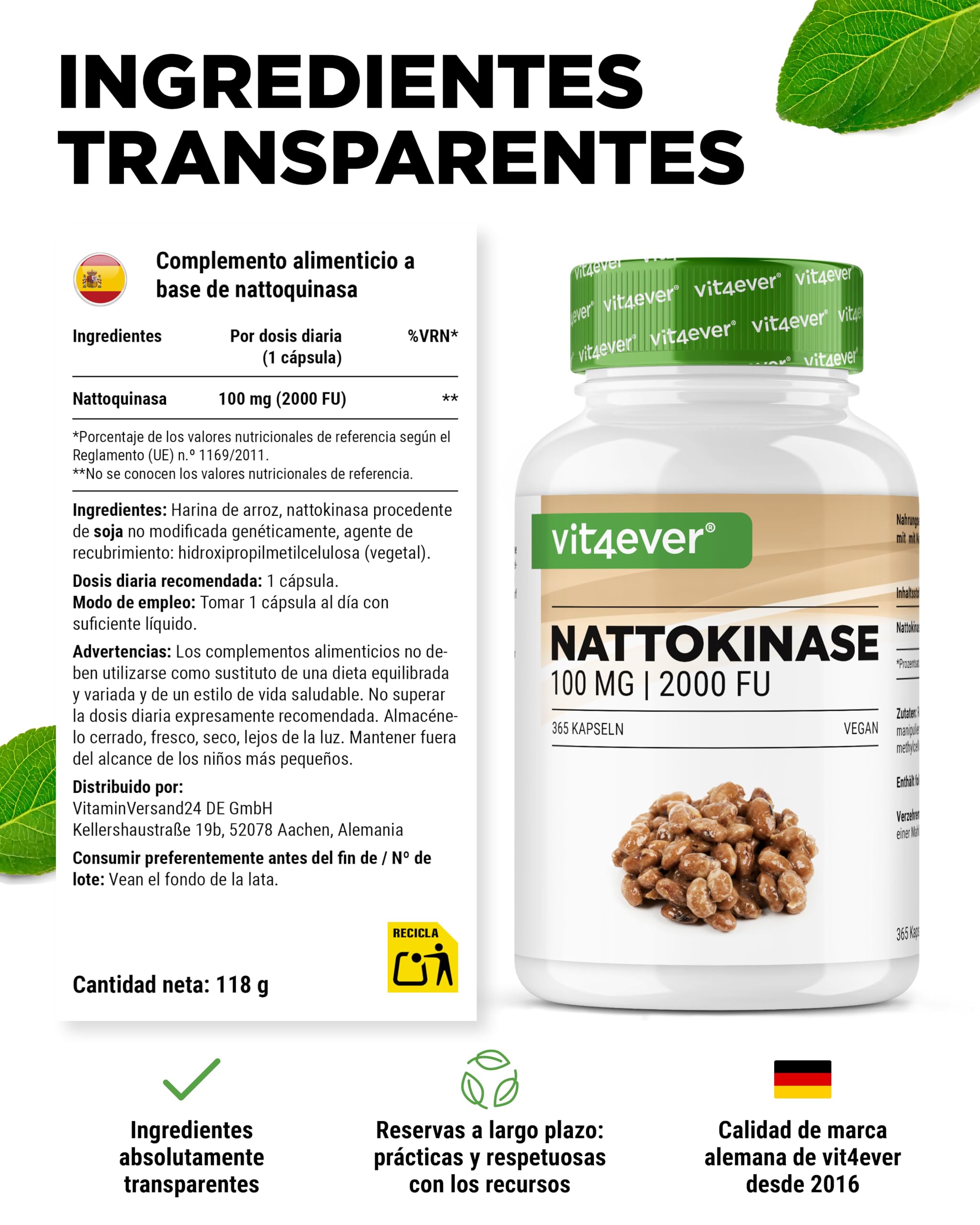 vit4ever Nattokinase - 365 Cápsulas de 100 mg Nattoquinasa (20.000 FU/g) - Suministro para 12 Meses - Alta Dosis - Vegano - Sin OMG - Sin Aditivos No Deseados