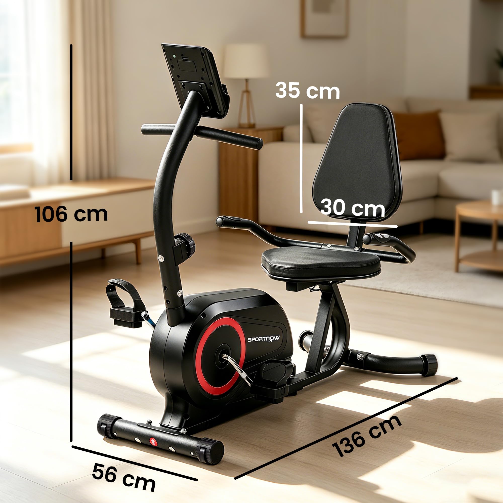 SPORTNOW Liegeergometer für Zuhause mit 8 verstellbar Widerstandsstufe Magnetbremse APP Pulssensor LCD-Display Verstellbar Fußriemen, Senioren Liegefahrrad Heimtrainer mit verstellbarer Rückenlehne