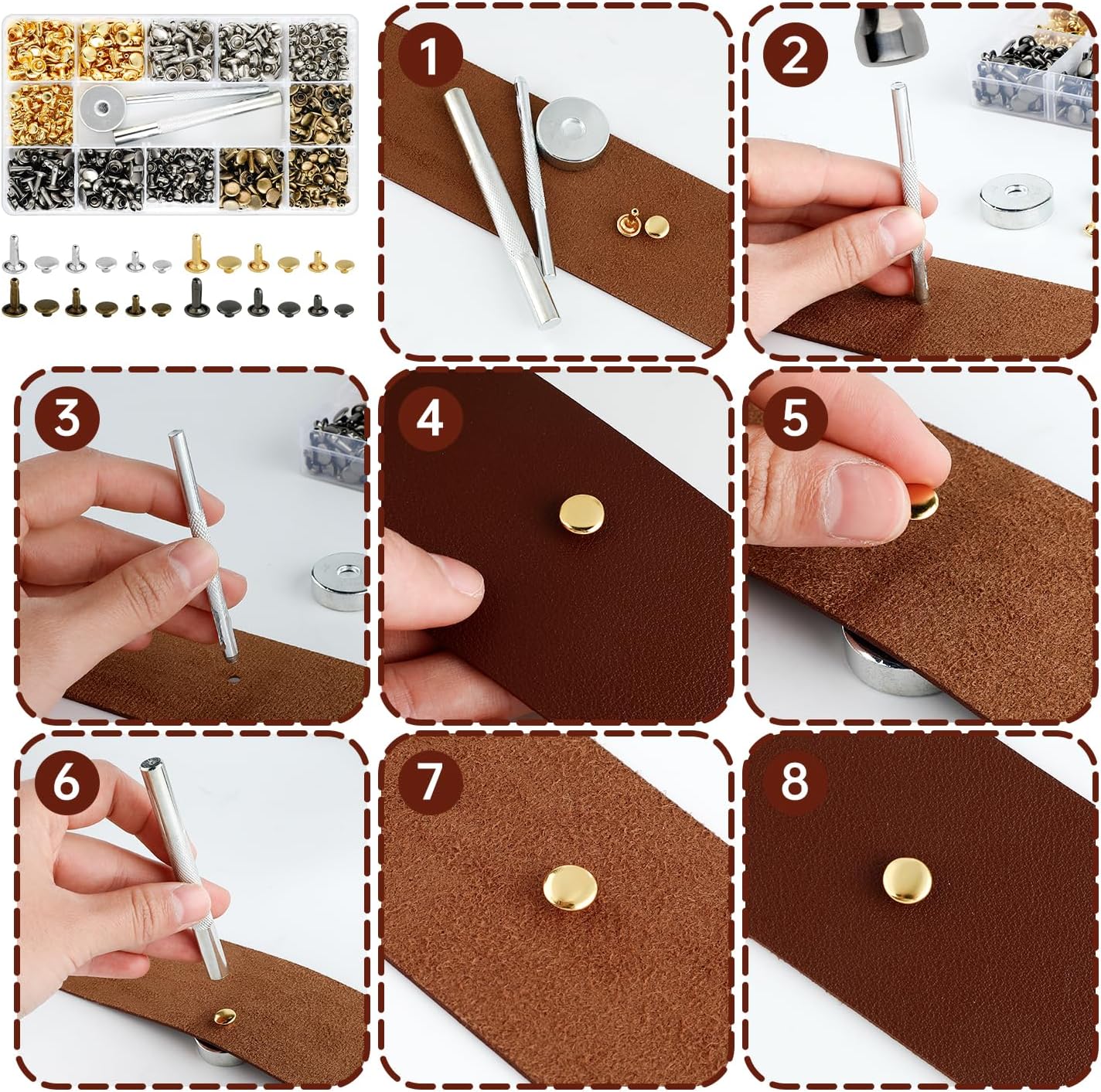 363 Pcs Leather Straps for Crafts, 156 Inches Leather Strap Flat with 1 2 Inch Wide 360 Rivets and 1 Double Rivet Tubular Setting Craft Tool for DIY Bags Craft Repairs Decoration