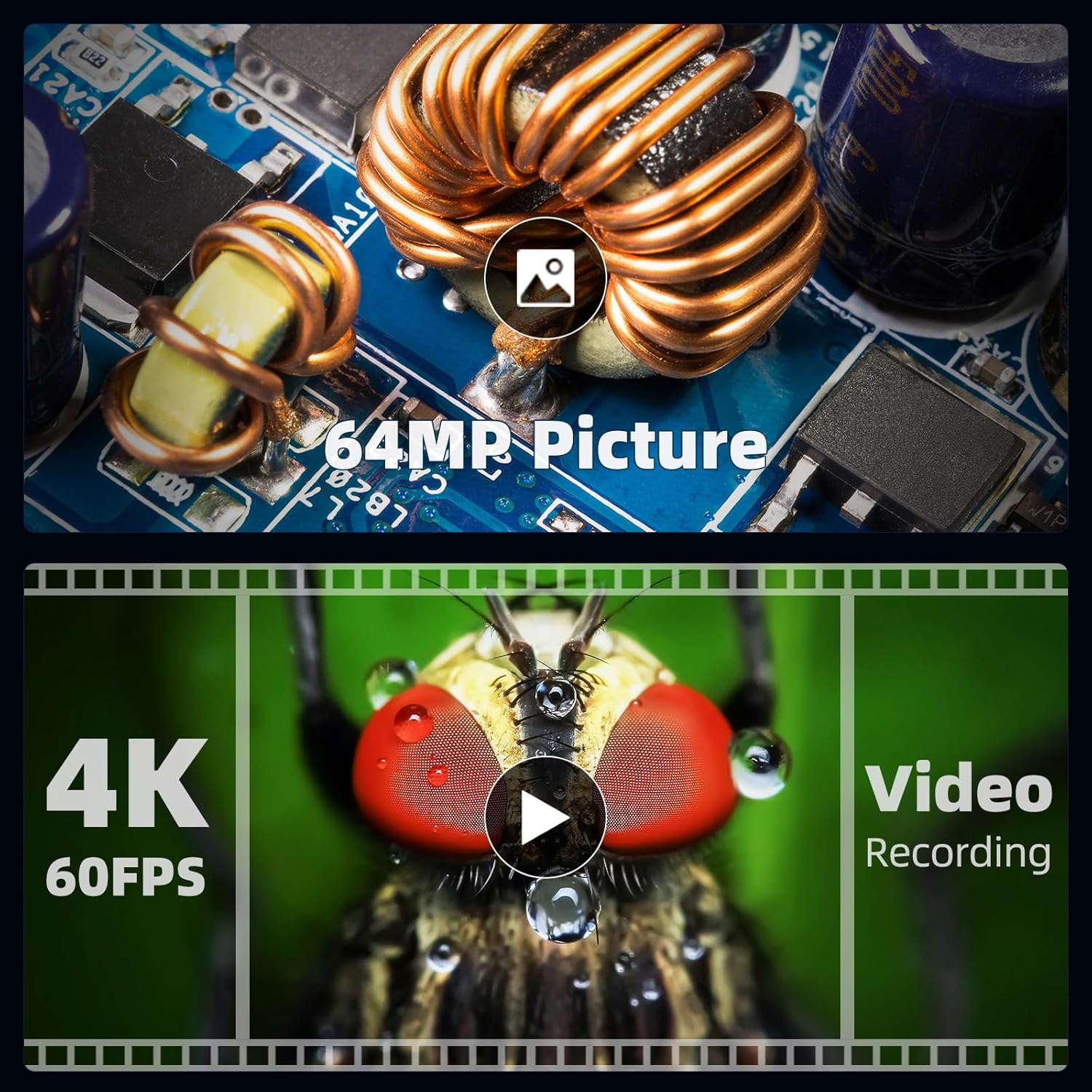 Microscope screen showing a detailed circuit board, with icons for 64MP picture and 4K 60FPS video recording.