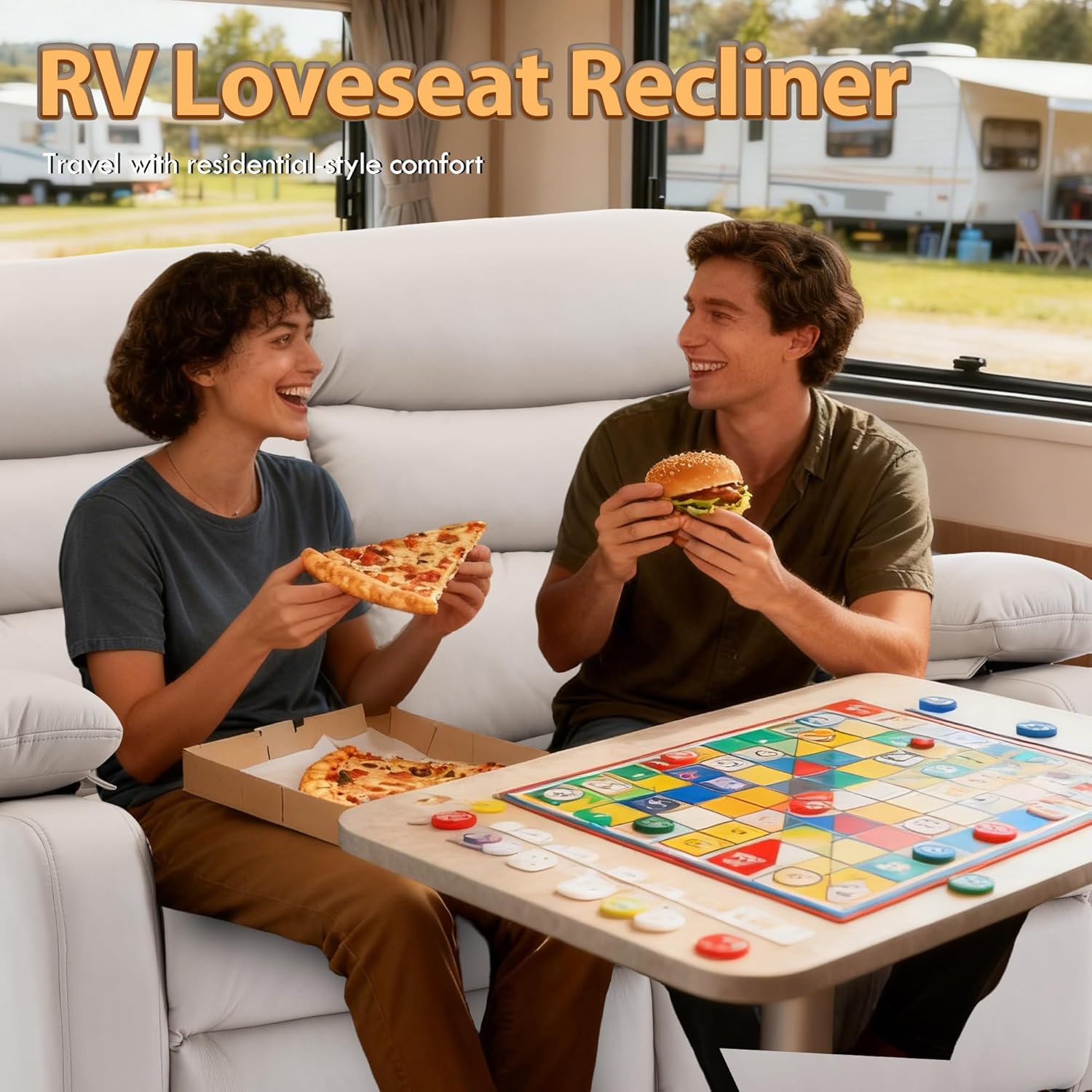 Manual Reclining Loveseat Leather RV Wall Hugger Loveseat Recliner with Overstuffed Arms Recliner Loveseat Sofa Hidden Storage for for Living Room RV Home Theater Apartment Beige