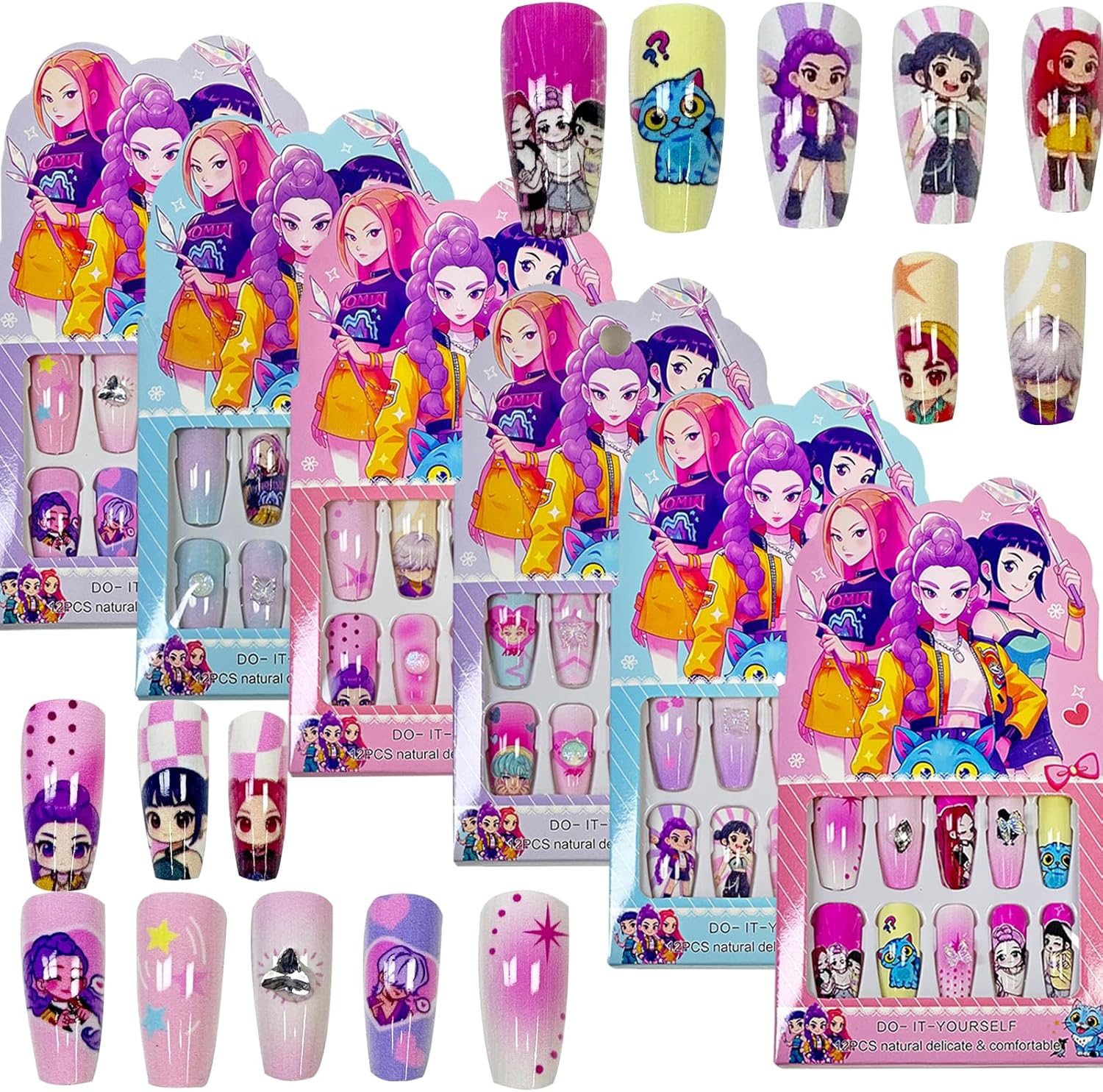 Demon Movie Hunters Nail Stickers 144Pcs - Korean Kpo-p Anime Idol Huntrix Band 3D Self Adhesive Cartoon Temporary Nail Decals - Easy Stick Removeable for DIY Women Girls Kawaii Nail Decoration Art