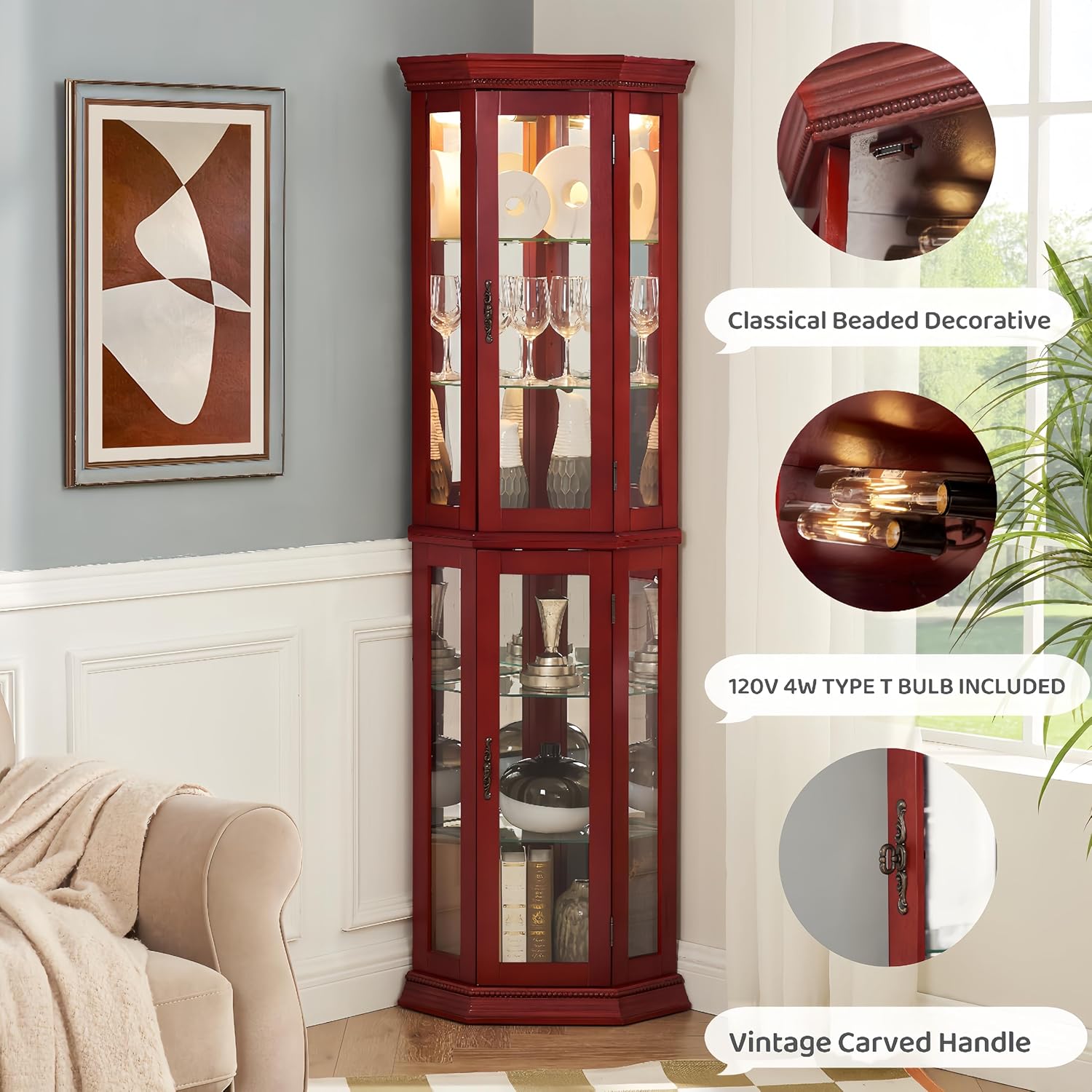Lighted Glass Display Cabinet, Tempered Glass Door and Adjustable Shelves, Wood Corner China Cabinet with Anti-toppling Design, Corner Cabinet Rack for Living Room (Cherry)