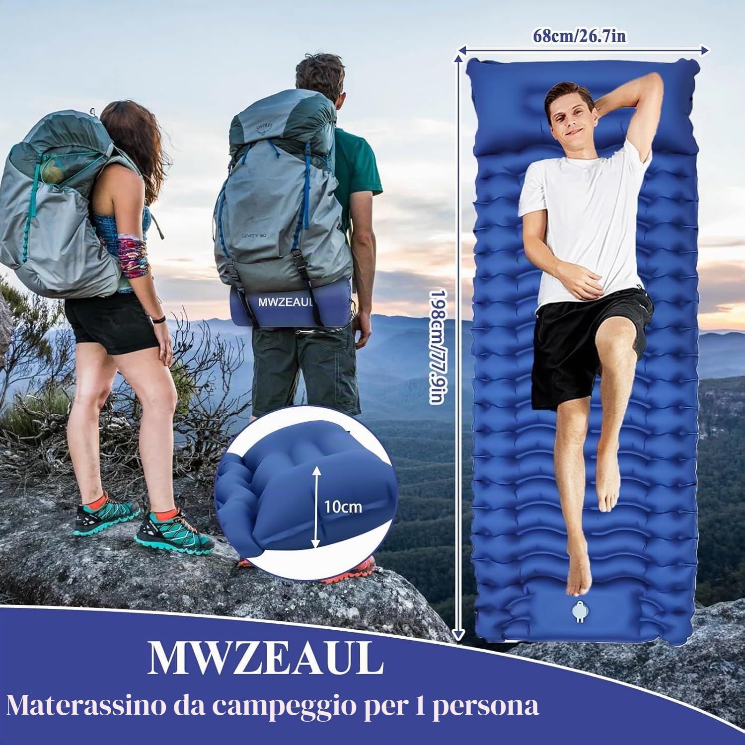 Materassino da Campeggio, Autogonfiante Materasso Ultraleggero & Impermeabile, con Cuscino, Design 3D Ergonomico, Materasso Gonfiabile Singolo per Campeggio, Trekking, Escursionismo e Tenda