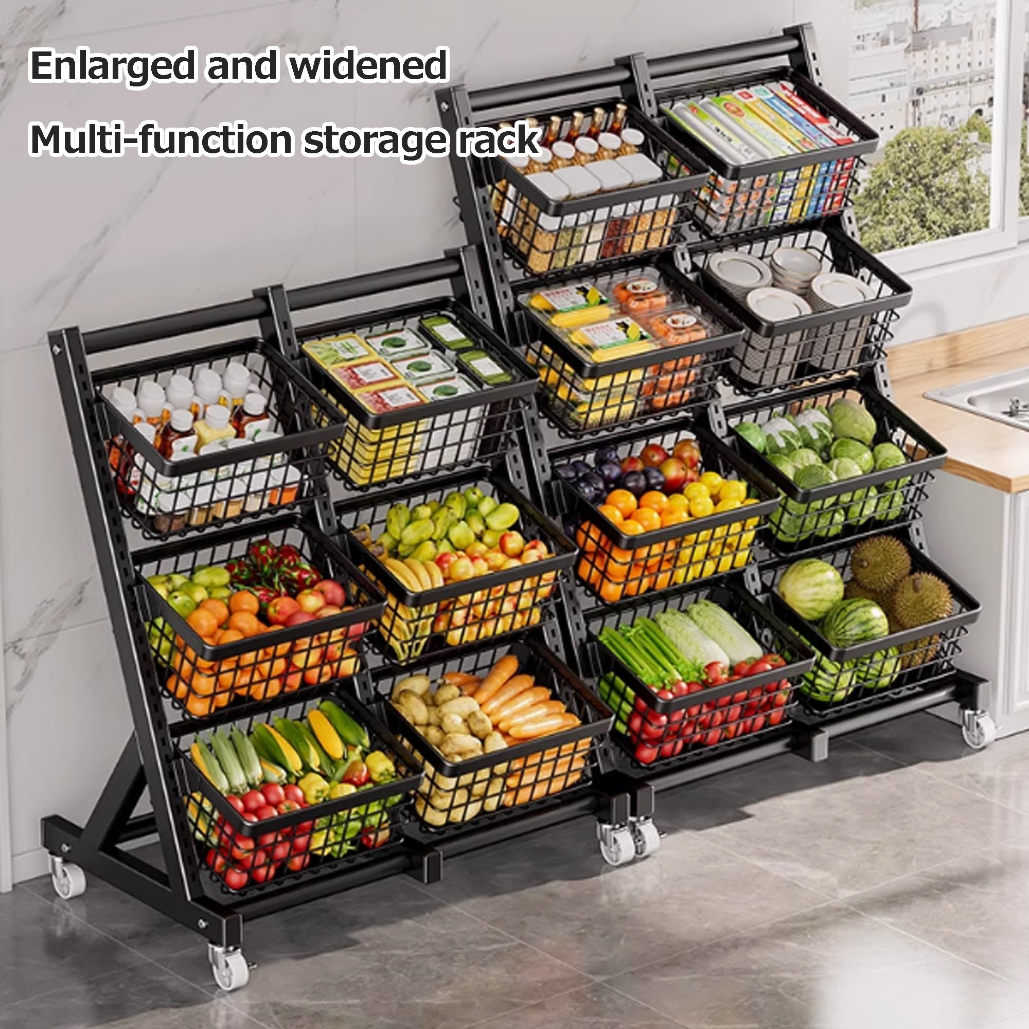 Präsentationsregal für Snacks, Obst- und Gemüseregal auf dem Boden, multifunktionales Aufbewahrungsregal für Haushaltsgemüse, Küchenorganizer mit Aufbewahrungskörben(Nero,73 * 40 * 112.5cm)