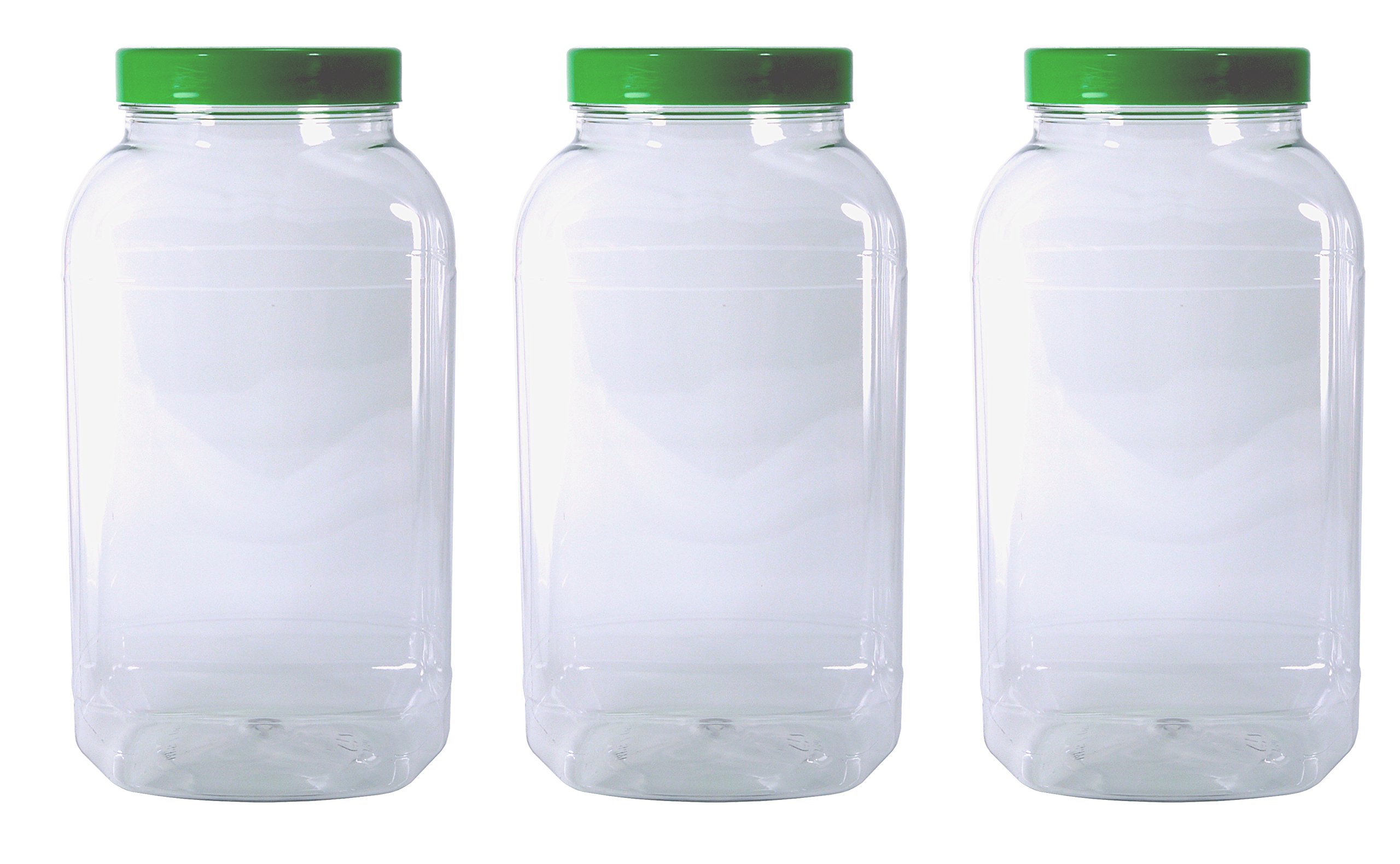 3 Large Storage Jars with Green Screw Top Lids by Britten & James. Clear Food Grade