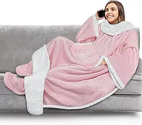 PAVILIA Cobertor sherpa com mangas, bolso para os pés para mulheres, homens e adultos, cobertor grosso vestível, roupão de lã quente e aconchegante, ideias de presente aconchegantes para esposa mãe,