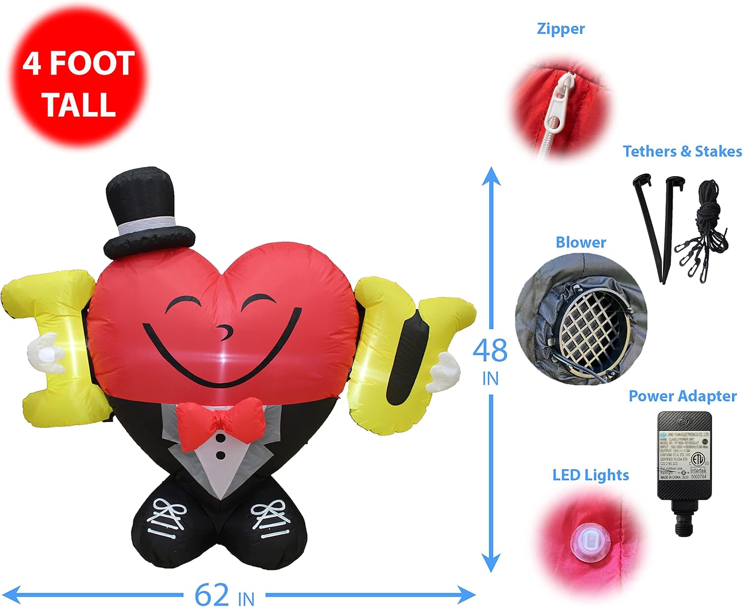 4 Foot Tall Valentine's Day Inflatable Mr Heart I Love You with Gentleman Hat Romantic Sweet Valentines Gift for Couples, Pre-Lit LED Lights Outdoor Indoor Holiday Blow up Lighted Yard Decoration
