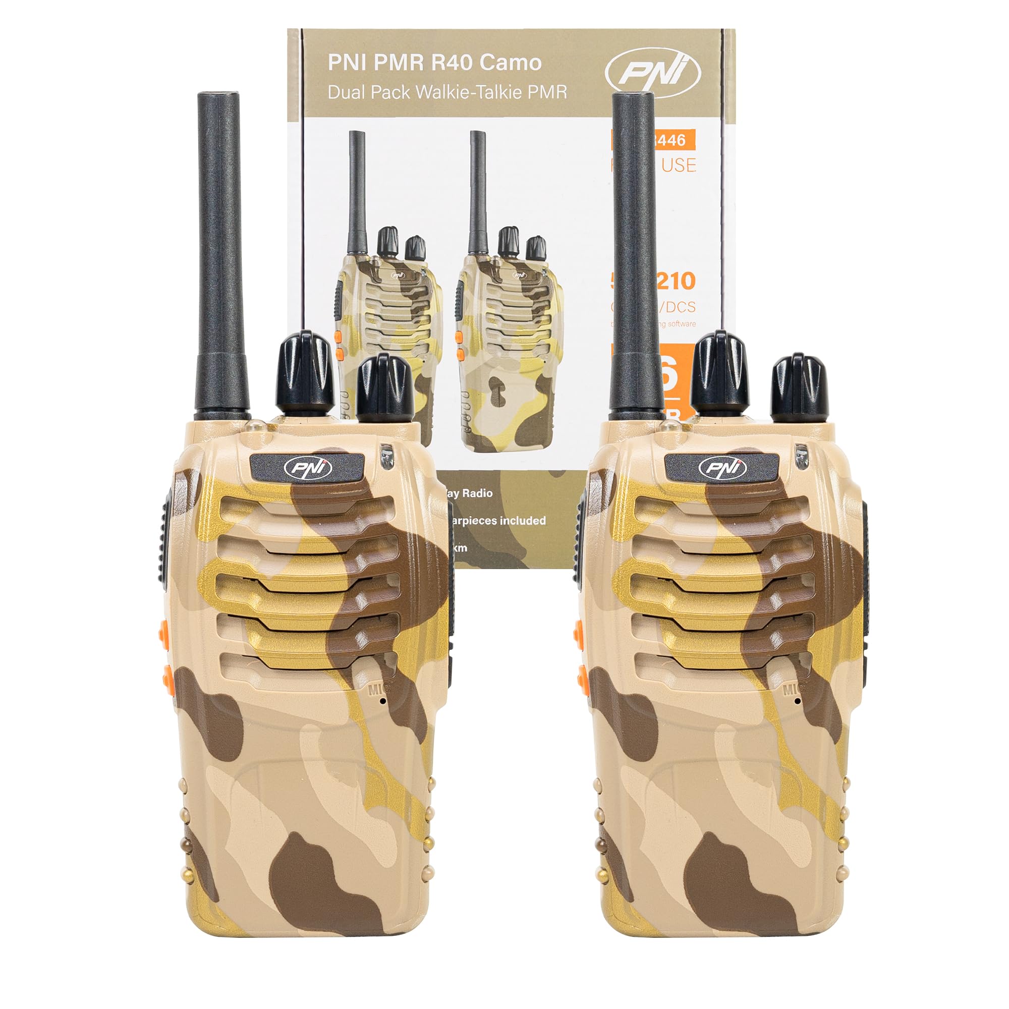 Przenośna stacja radiowa PNI PMR R40 Camo, zestaw 2, 0,5 W, 16 programowalnych kanałów, 16 tonów PMR i 50 CTCSS oraz 104 DCS, ASQ, TOT, monitor, programowalny, akumulatory 1200 mAh, ładowarki i słucha