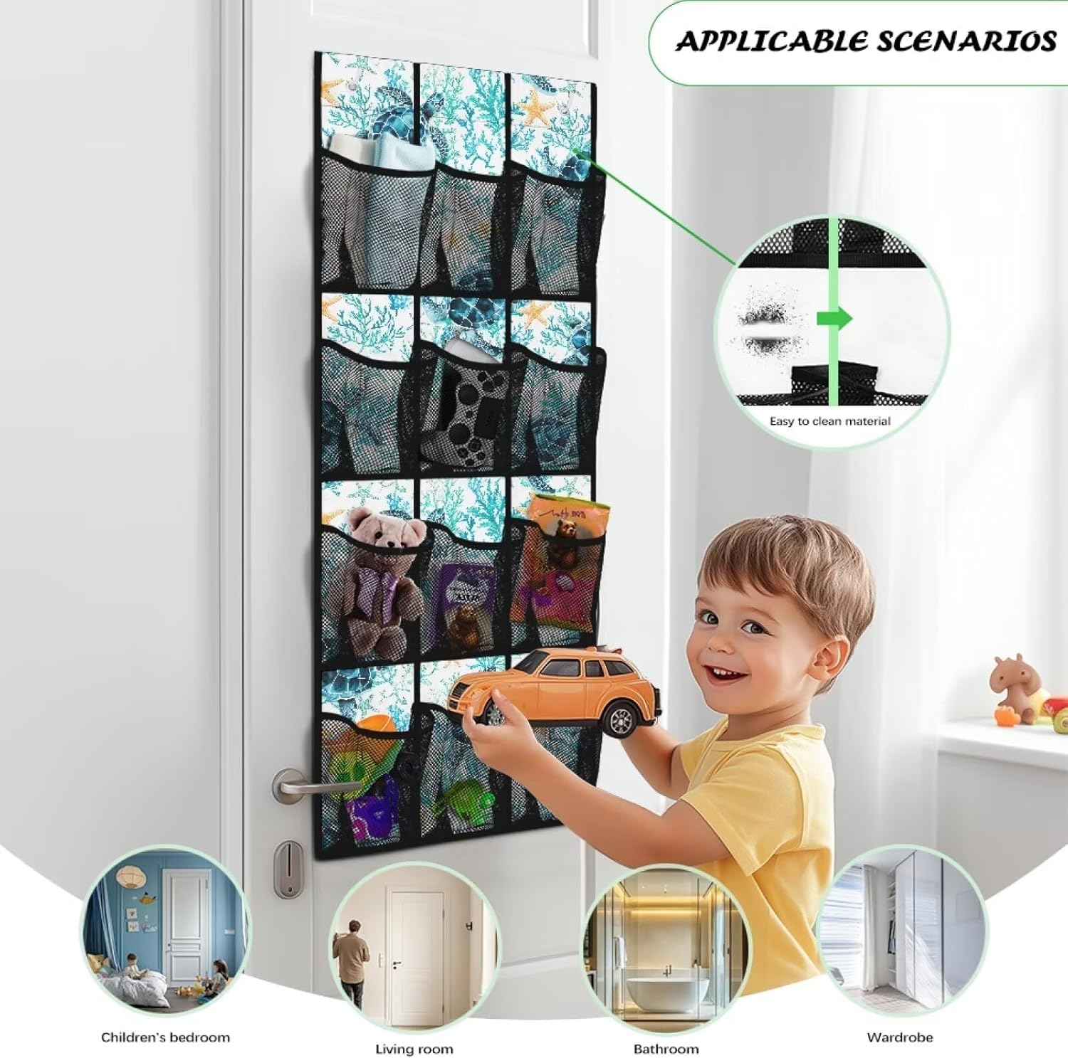 Blue Sea Turtle Behind The Door Shoe Organizer, 12 Pockets Ocean Theme Hanging Rack for Bathroom & Beach House, No Drill Storage for Toys & Toiletries