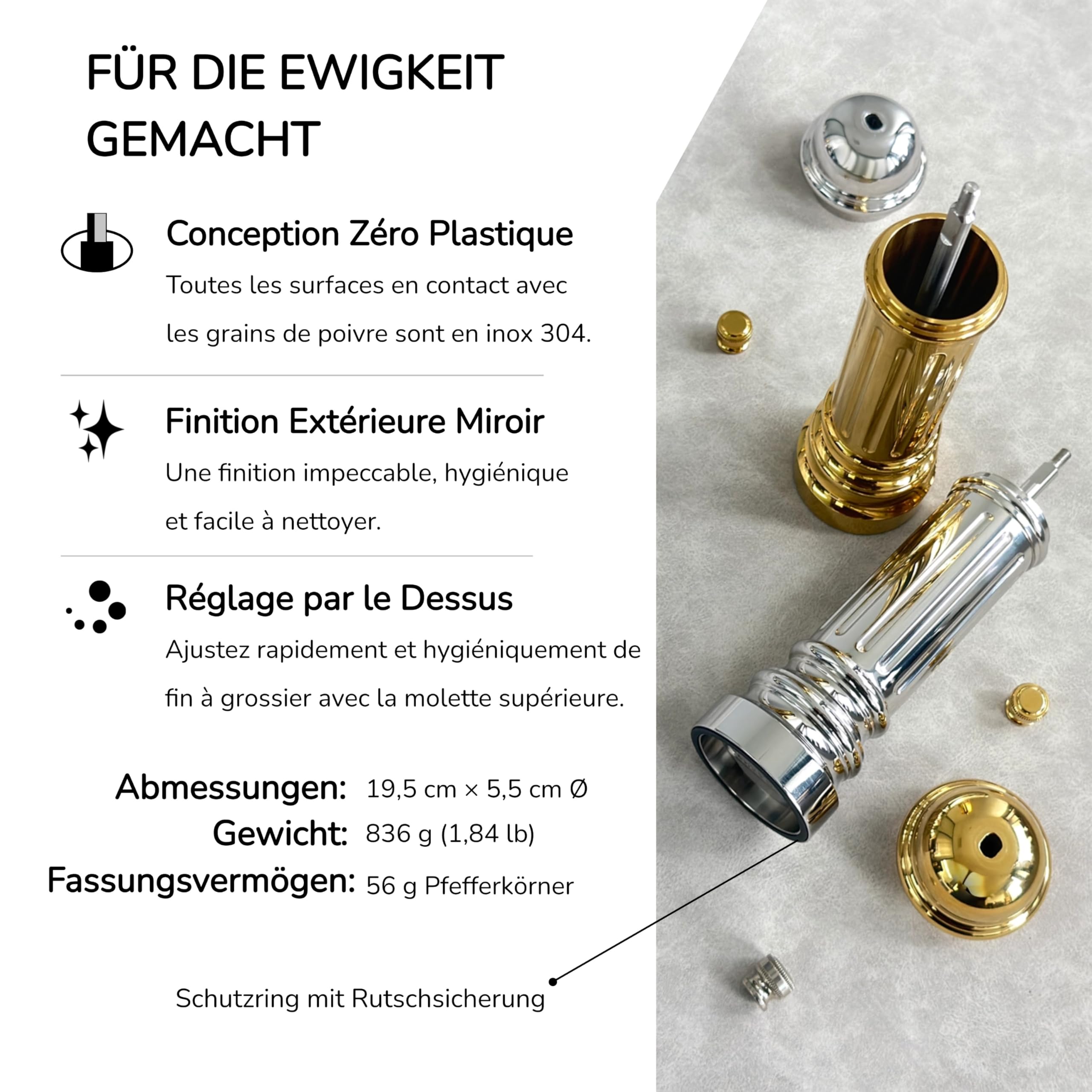 Metall-Pfeffermühle mit Edelstahl-Mahlwerk, Hochwertiger Pepper Grinder mit einstellbarem Mahlgrad, Vollmetallgehäuse, nachfüllbar (Silber)