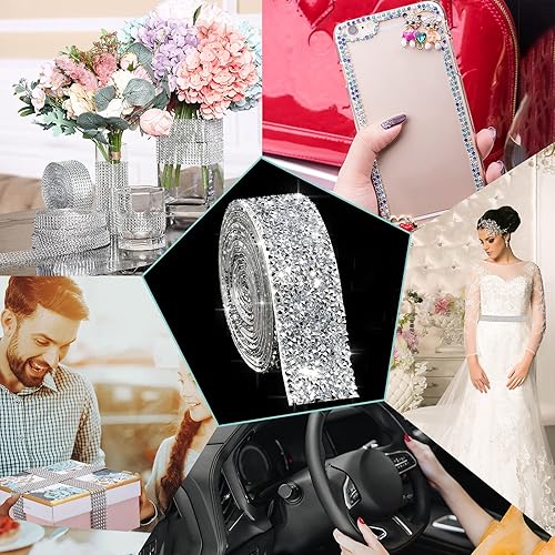 Miniatura 7 de 4 rollos de cinta de diamantes de imitación de 8.8 yardas, cinta autoadhesiva con diamantes de imitación para manualidades, bodas, pasteles,