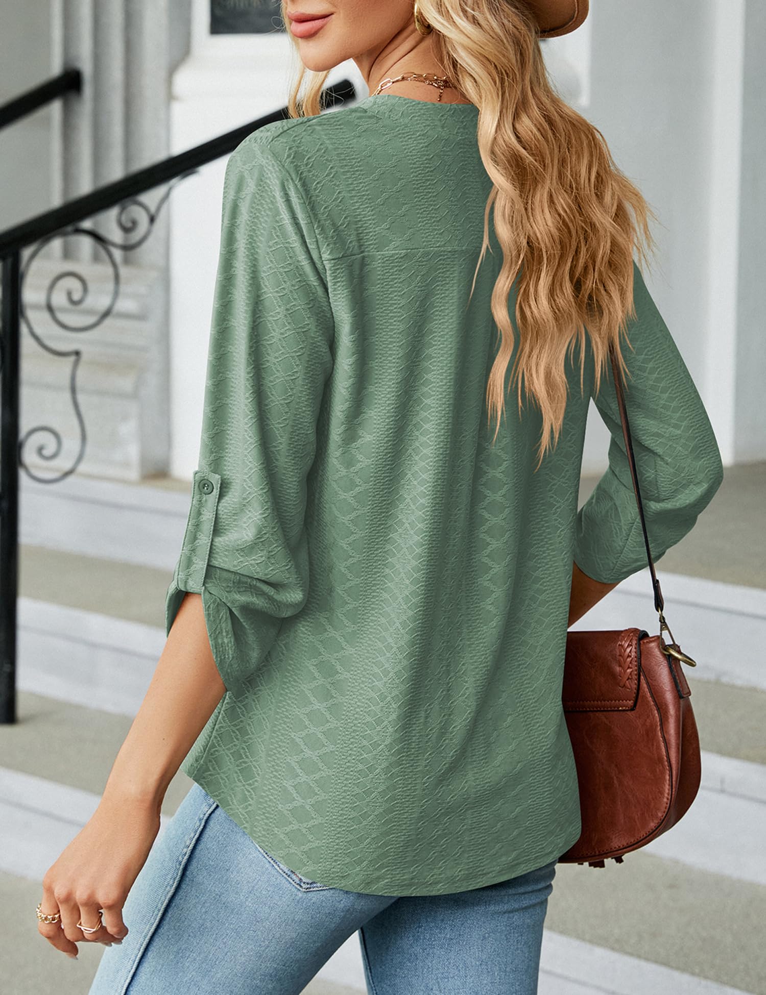 HANERDUN Blusas de Mujer Elegantes Camisa Manga Larga 3/4 Ropa Elegante Cuello en V Primavera