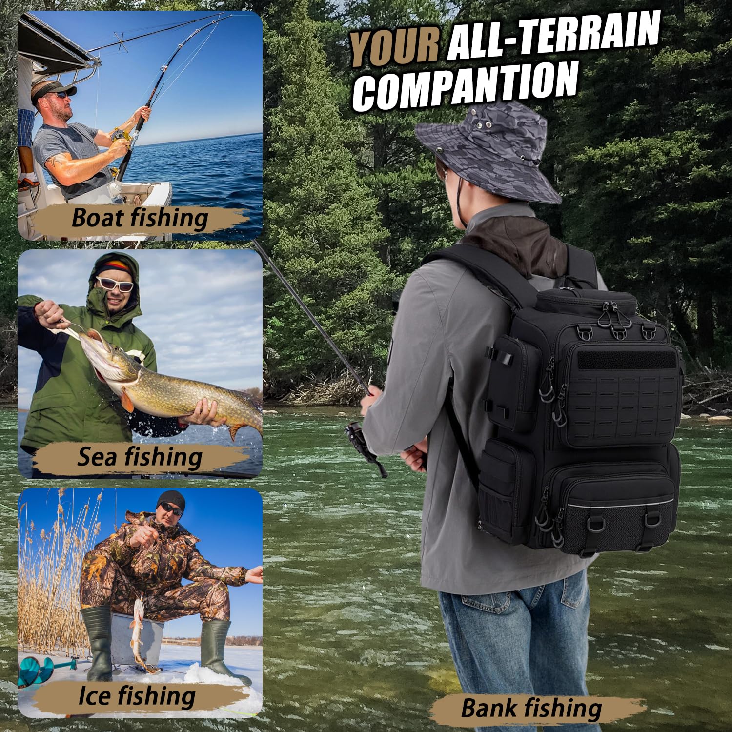 Mochila de Pesca de 50L con Soporte & Compartimento de Congelación para Cañas de Pescar, Resistente al Agua, táctico Mochila para Equipo de Pesca (Negro con 4 Cajas)