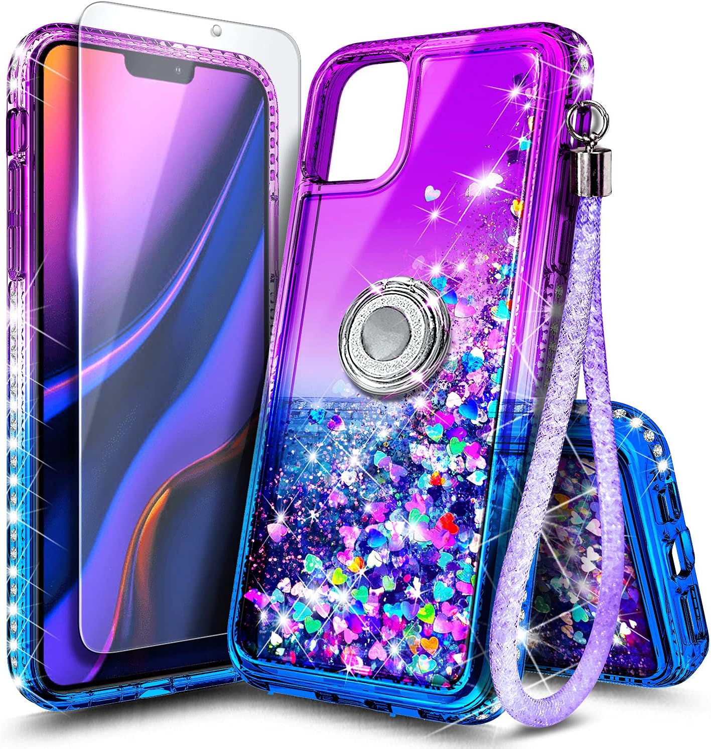 NGB Compatible with iPhone 12 Pro Max Case with Tempered Glass Screen Protector, Ring Holder/Wrist Strap, Girls Women Liquid Bling Sparkle Floating Glitter Cute Phone Case (Purple/Blue)