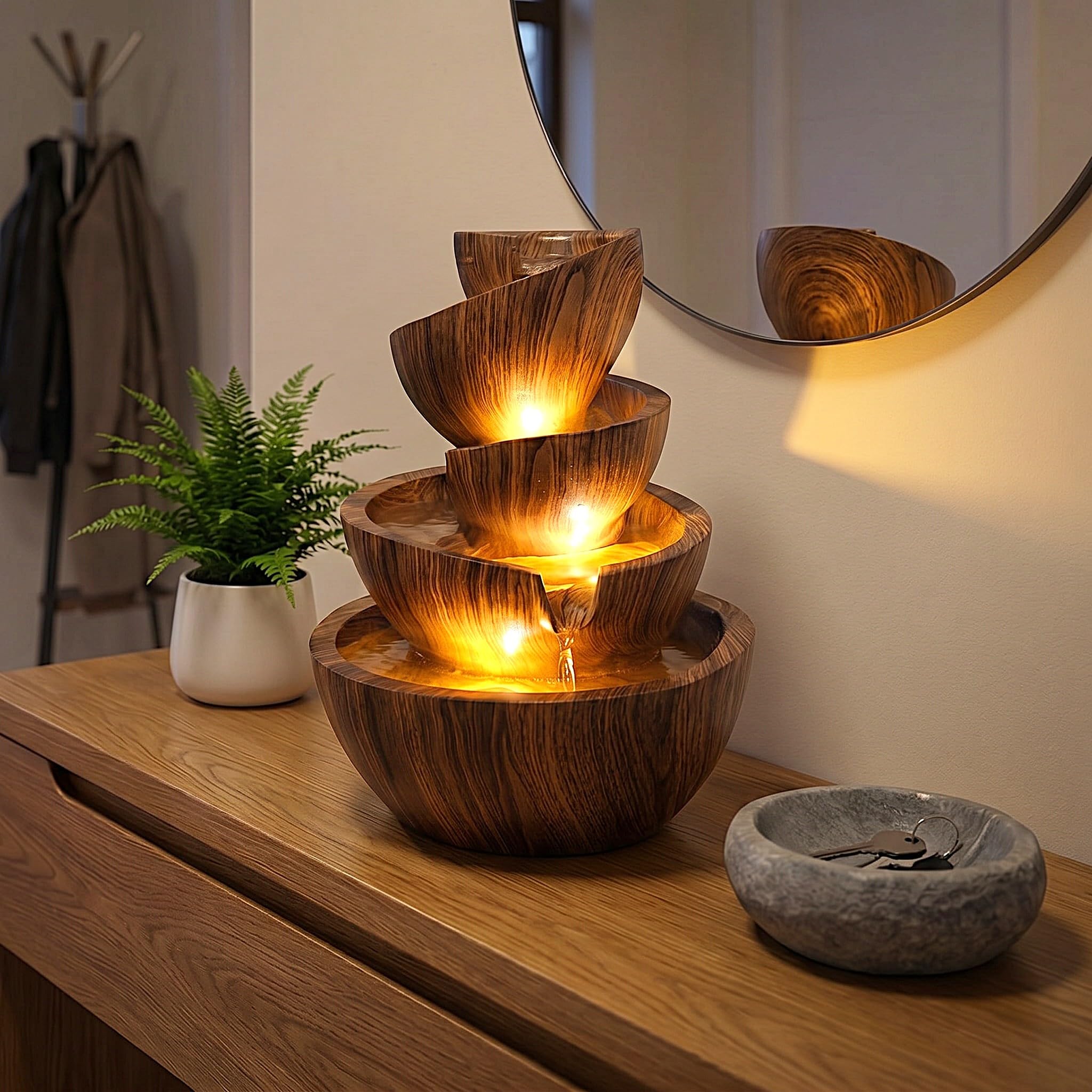 Fontaine d'intérieur à LED - Fontaine d'intérieur et d'extérieur en polyrésine - 39 cm de haut - Avec spots LED blanc chaud - Fontaine de jardin - Fontaine décorative pour salon, bureau et jardin