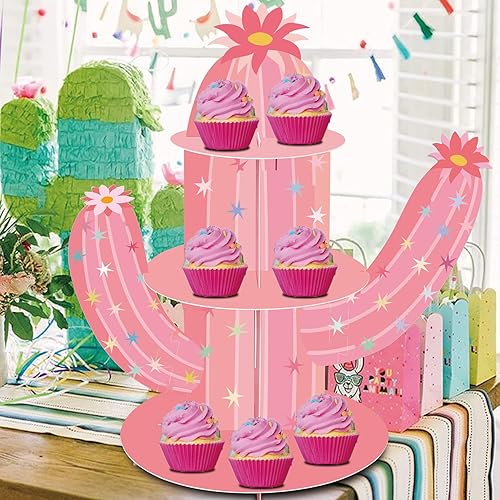 Miniatura 6 de Soporte para cupcakes de cactus rosa, 3 niveles, para el primer cumpleaños de rodeo de niñas, despedida de soltera con texto en inglés "Let's Go