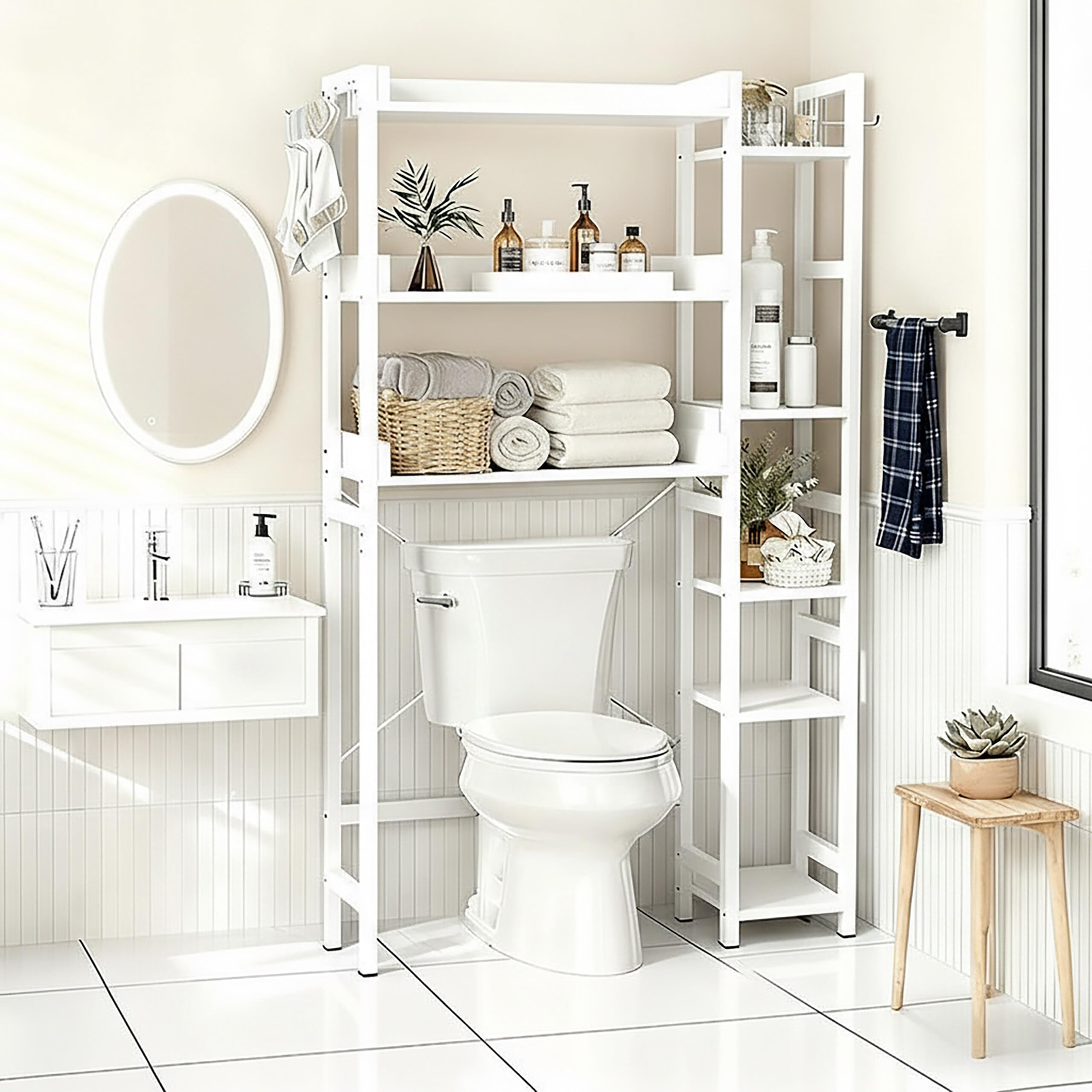 Estantería sobre el WC Relaxdays, 3 Niveles, Dimensiones: 161 x 80 x 24 cm, Metal y MDF, Blanco