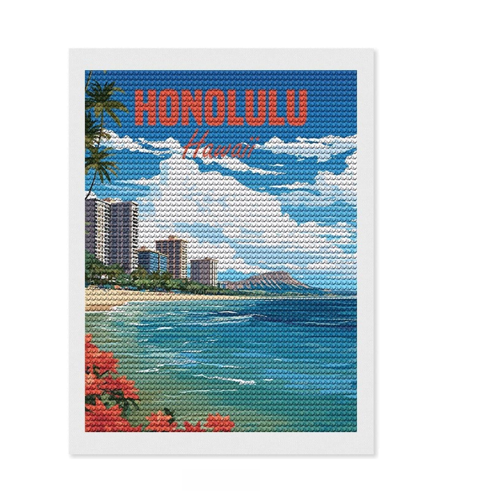 Junmoney Honolulu Hawaii Crystal Diamond Art Kit 12"x16", Cute Room Decor, Stress Relief Craft, Artistic Hobby, Vintage Style Decor