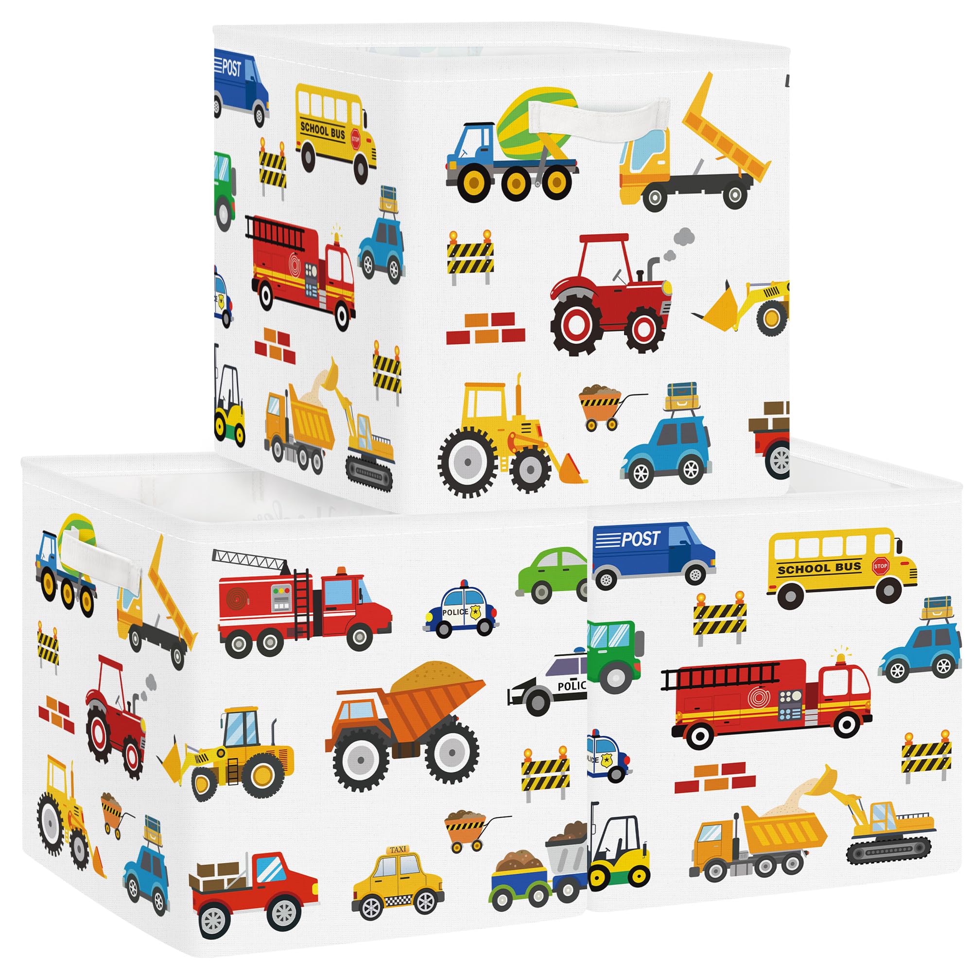 Clastyle 3 pcs Cars Cube Storage Unit Boxes Foldable Kallax Box for Shelves Parents Storage Baskets for Book Clothes Toy Organizer,Cartoon Truck,11.8x11.8x11.8 in