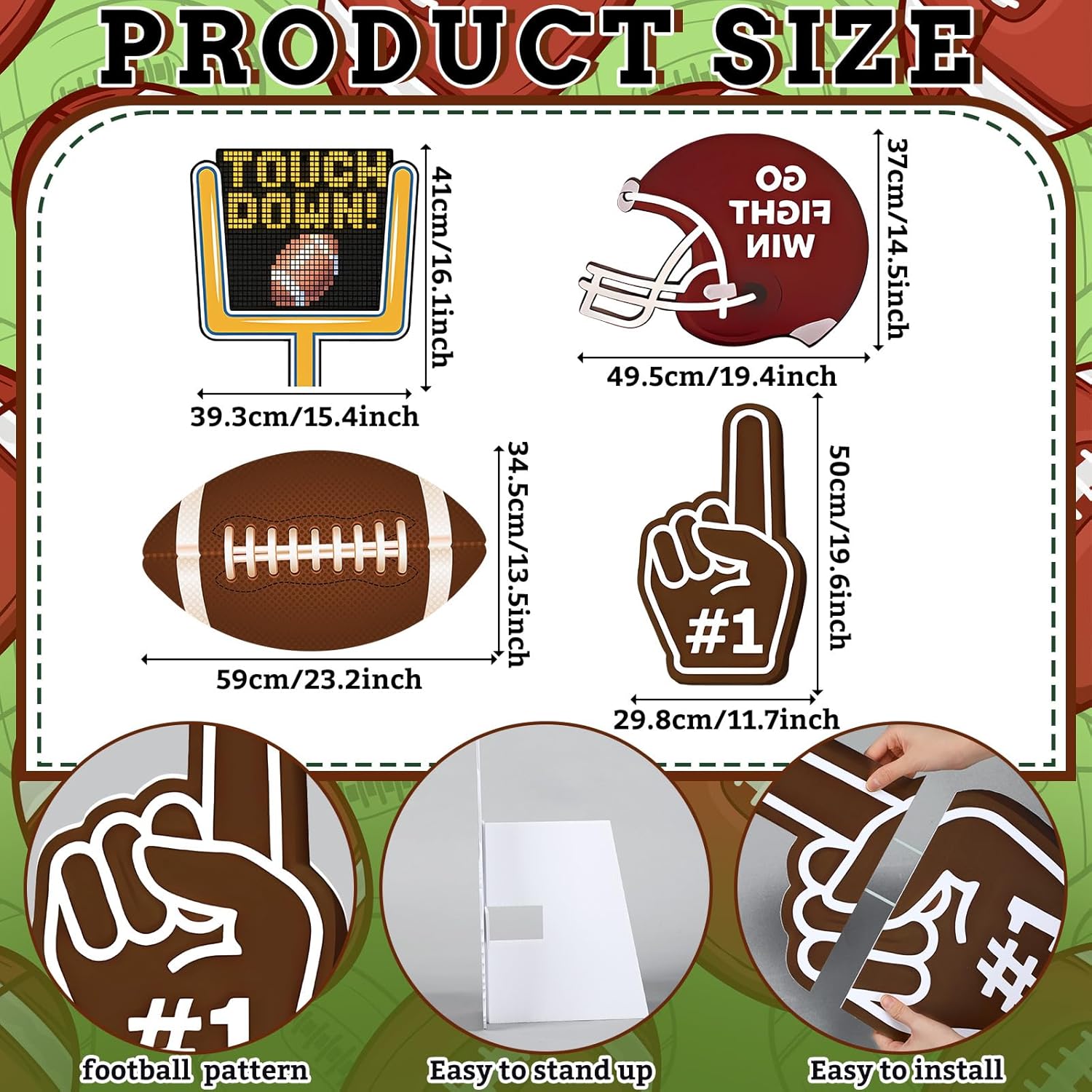 Amyhill 4 Pcs Large Football Cardboard Cutout Stand up Life Size Sports Football Party Decorations 3D Rugby Game Day Photo Props Backdrops for Sport Event Birthday Party Supply