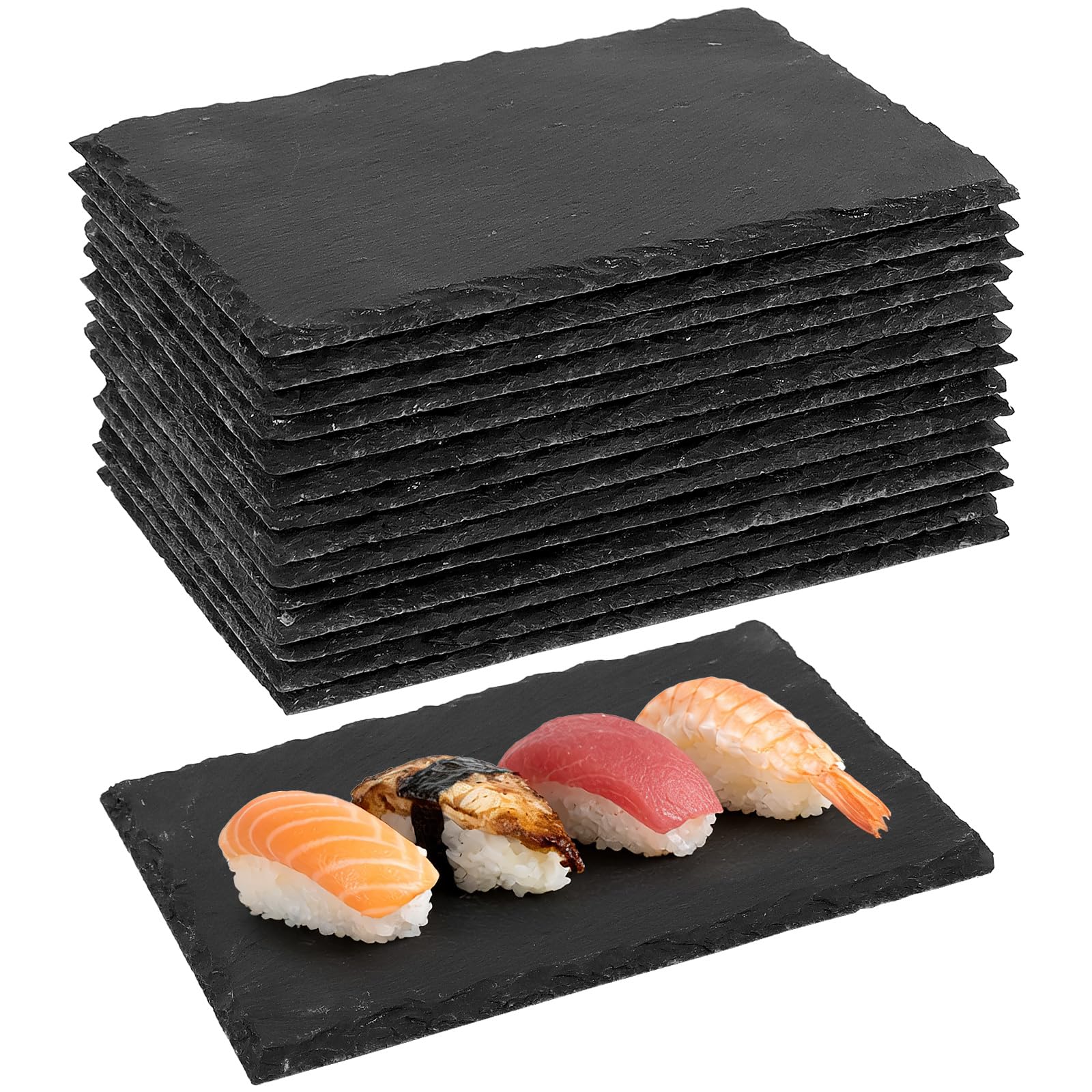 Juego de 15 placas de pizarra de 22 x 15 cm, rectangulares de piedra natural, placas de piedra negra para tapas de queso y filetes, platos de pizarra rústicos