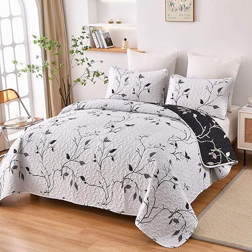 Miniatura 7 de DJY Juego de edredón floral tamaño matrimonialqueen, colcha botánica de 3 piezas, diseño de hojas, color blanco y negro, elegante juego de ropa de