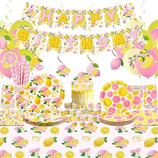 Decoración de cumpleaños de limón para niñas – Accesorios de fiesta de limón rosa que incluyen pancartas, platos, decoración de pasteles, vasos, servilletas, globos, mantel, para 20 personas