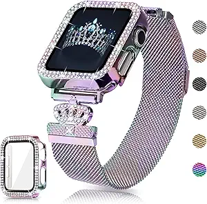 Magnetic Band Compatible with Apple Watch 38mm 40mm 41mm 42mm 44mm 45mm 46mm Stainless Steel Metal Strap with Bling Case and Built-in Screen Protector, Dressy Milanese Loop iWatch Bands for Women